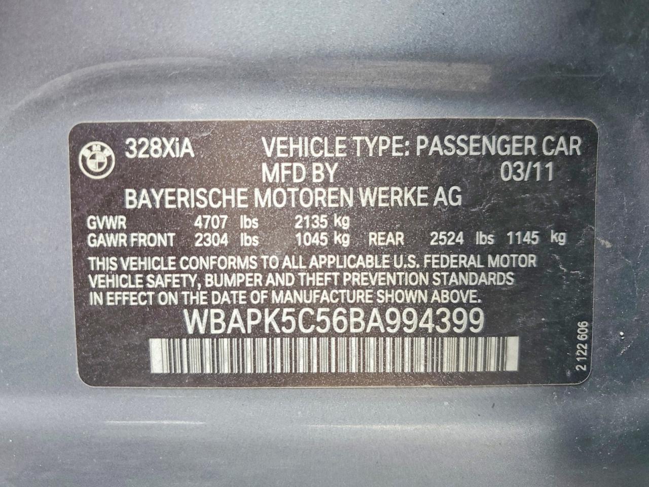2011 Bmw 328 Xi Sulev Gray vin: WBAPK5C56BA994399