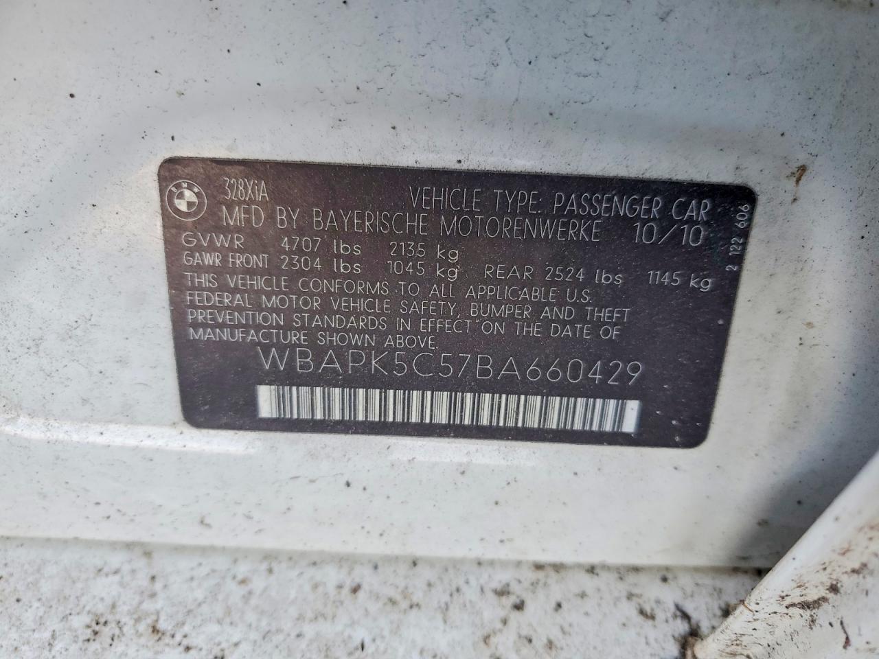 2011 Bmw 328 Xi Sulev White vin: WBAPK5C57BA660429