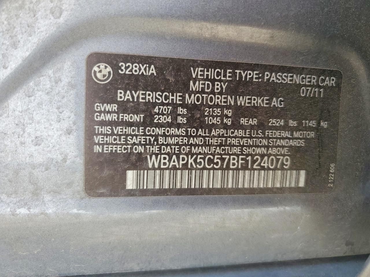 2011 Bmw 328 Xi Sulev Gray vin: WBAPK5C57BF124079