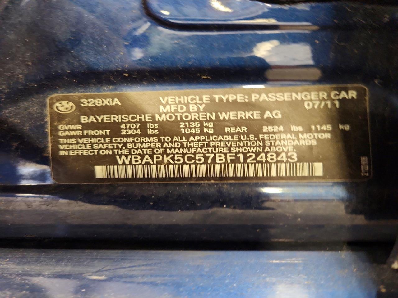 2011 Bmw 328 Xi Sulev Blue vin: WBAPK5C57BF124843