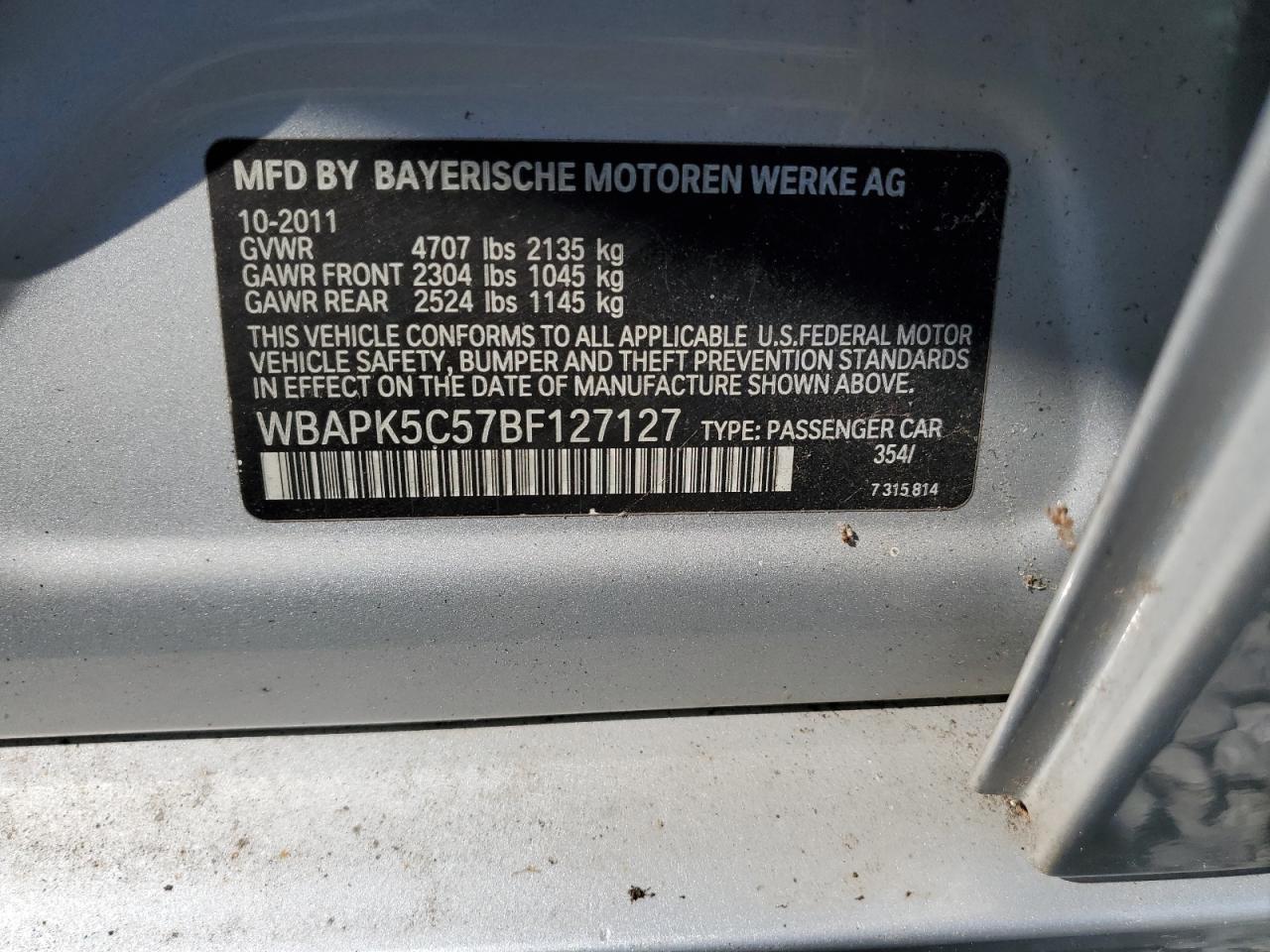 2011 Bmw 328 Xi Sulev Silver vin: WBAPK5C57BF127127