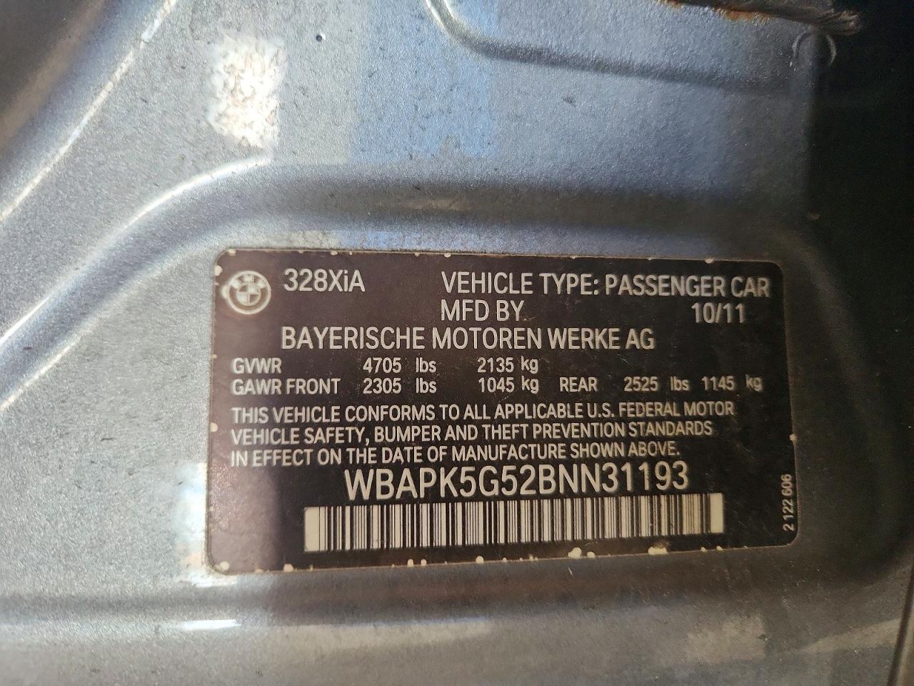 2011 Bmw 328 Xi Sulev Gray vin: WBAPK5G52BNN31193