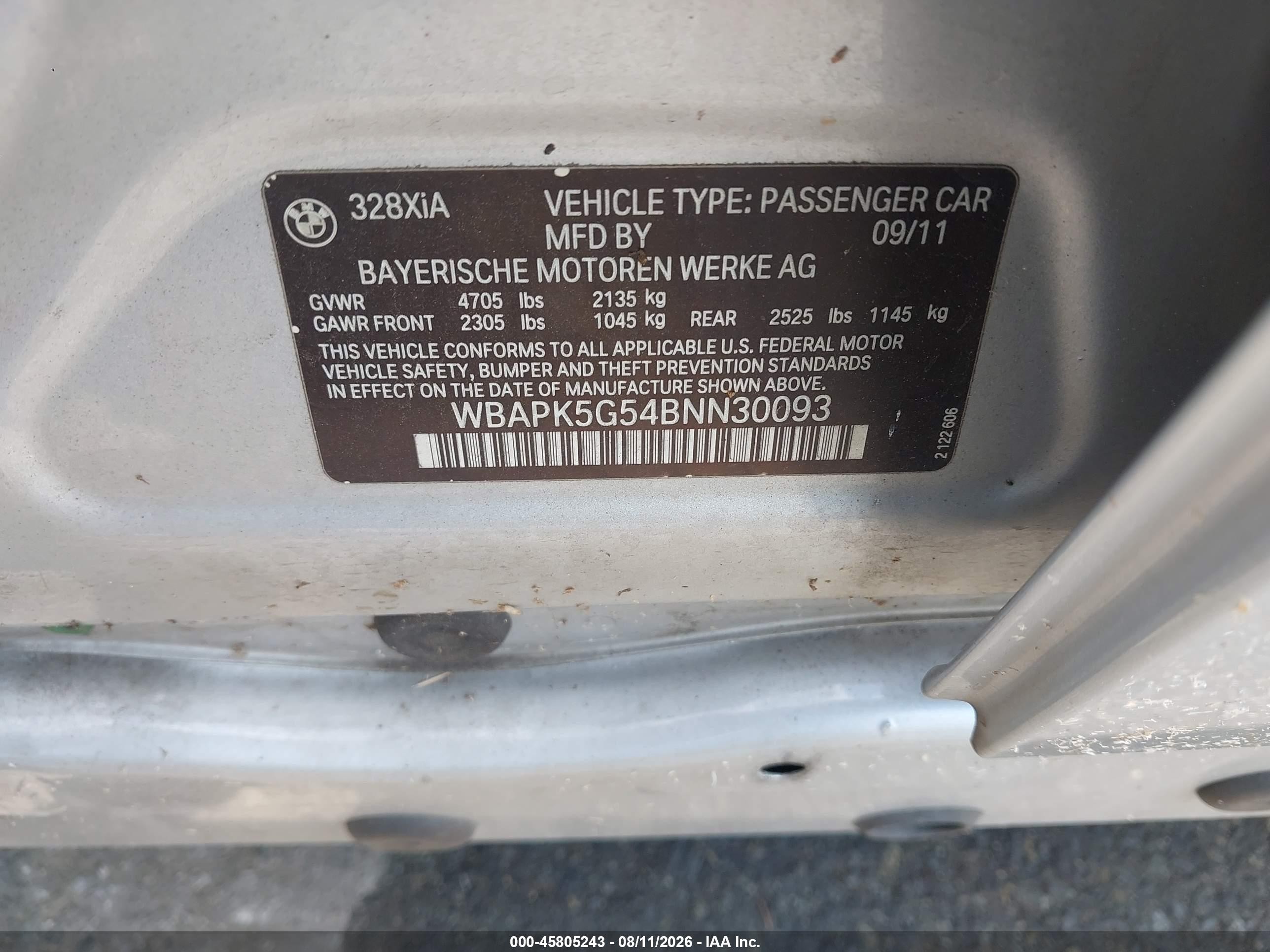 2011 Bmw 328i Xdrive Gray vin: WBAPK5G54BNN30093