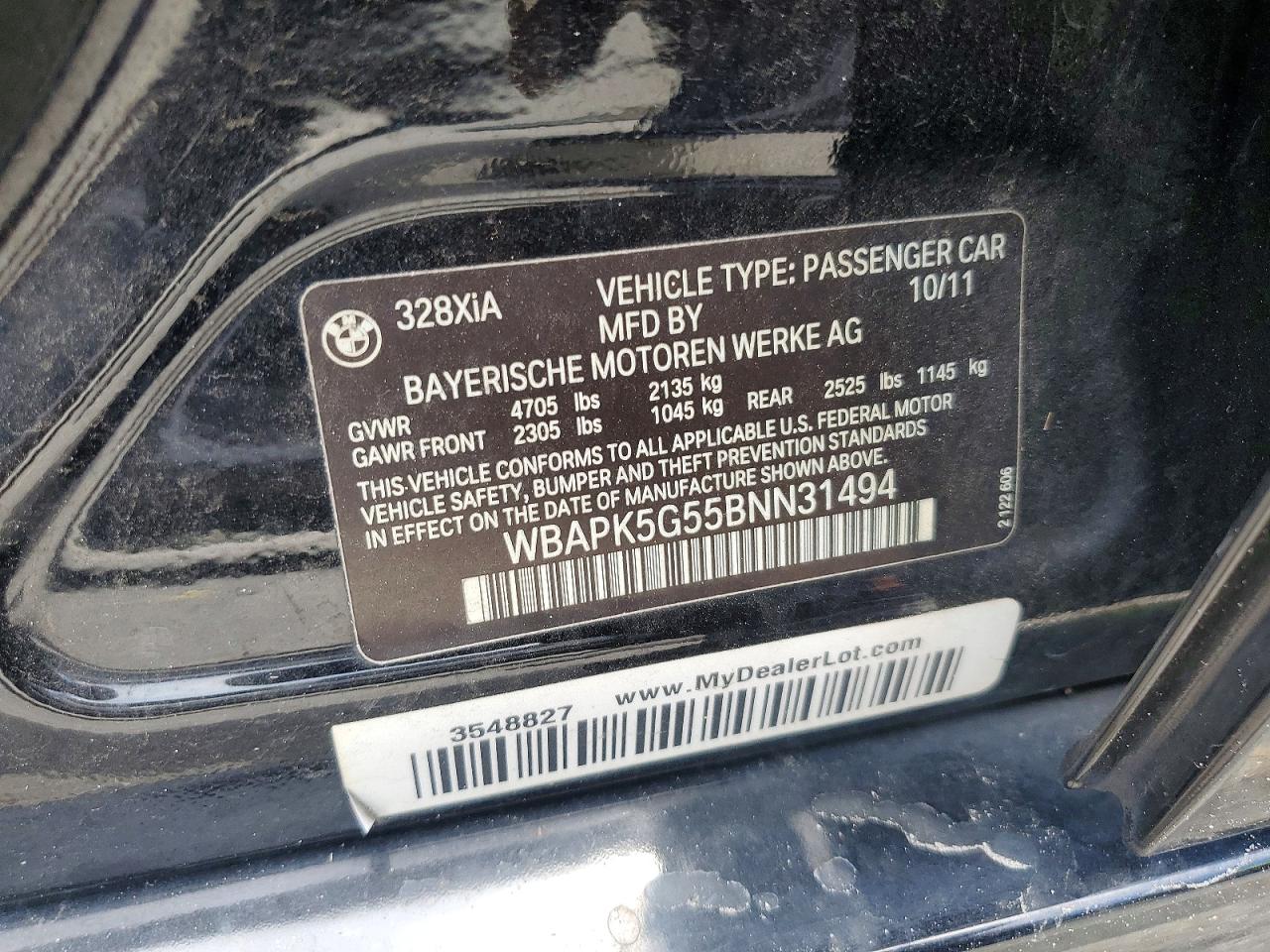 2011 Bmw 328 Xi Sulev Black vin: WBAPK5G55BNN31494