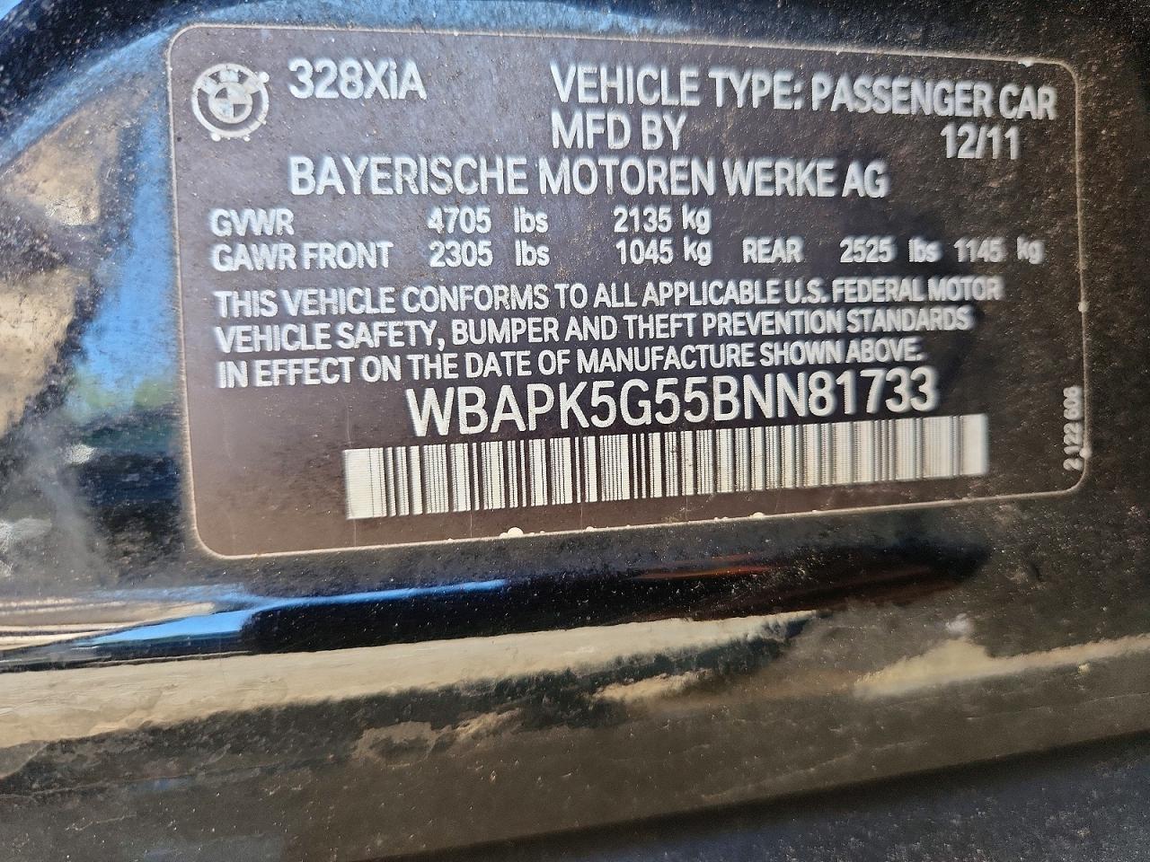 2011 Bmw 328 Xi Sulev Black vin: WBAPK5G55BNN81733