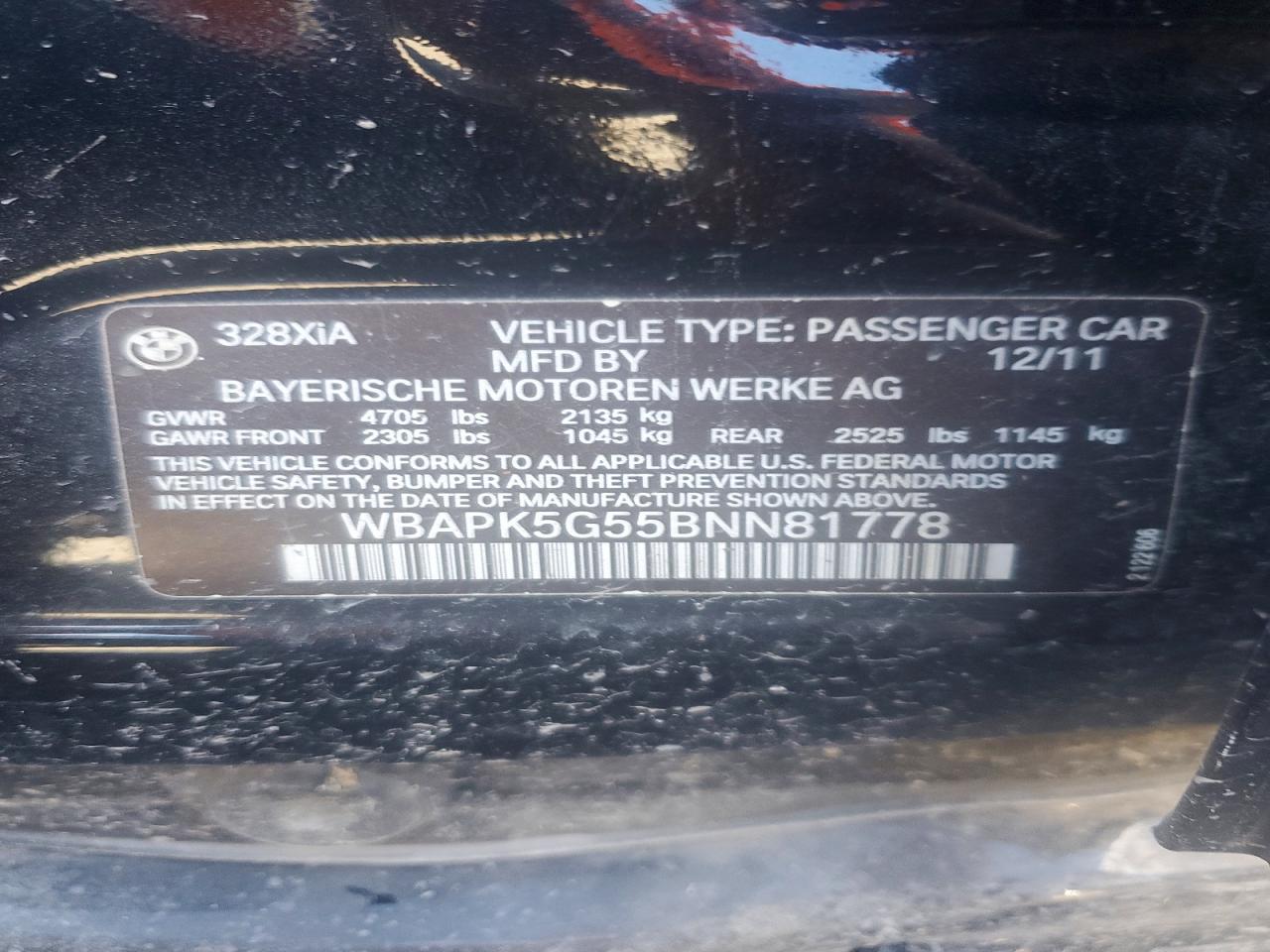 2011 Bmw 328 Xi Sulev Black vin: WBAPK5G55BNN81778