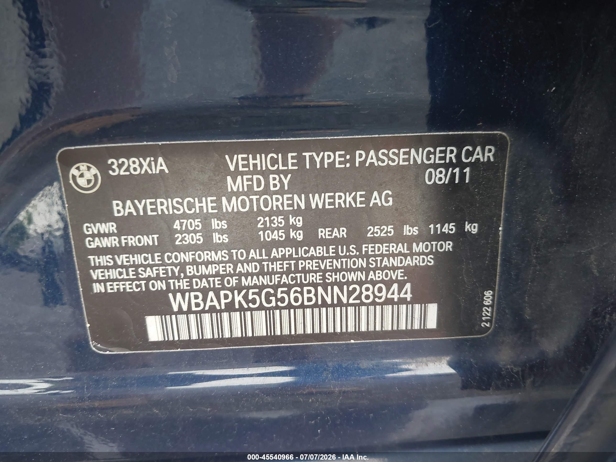 2011 Bmw 328i Xdrive Blue vin: WBAPK5G56BNN28944