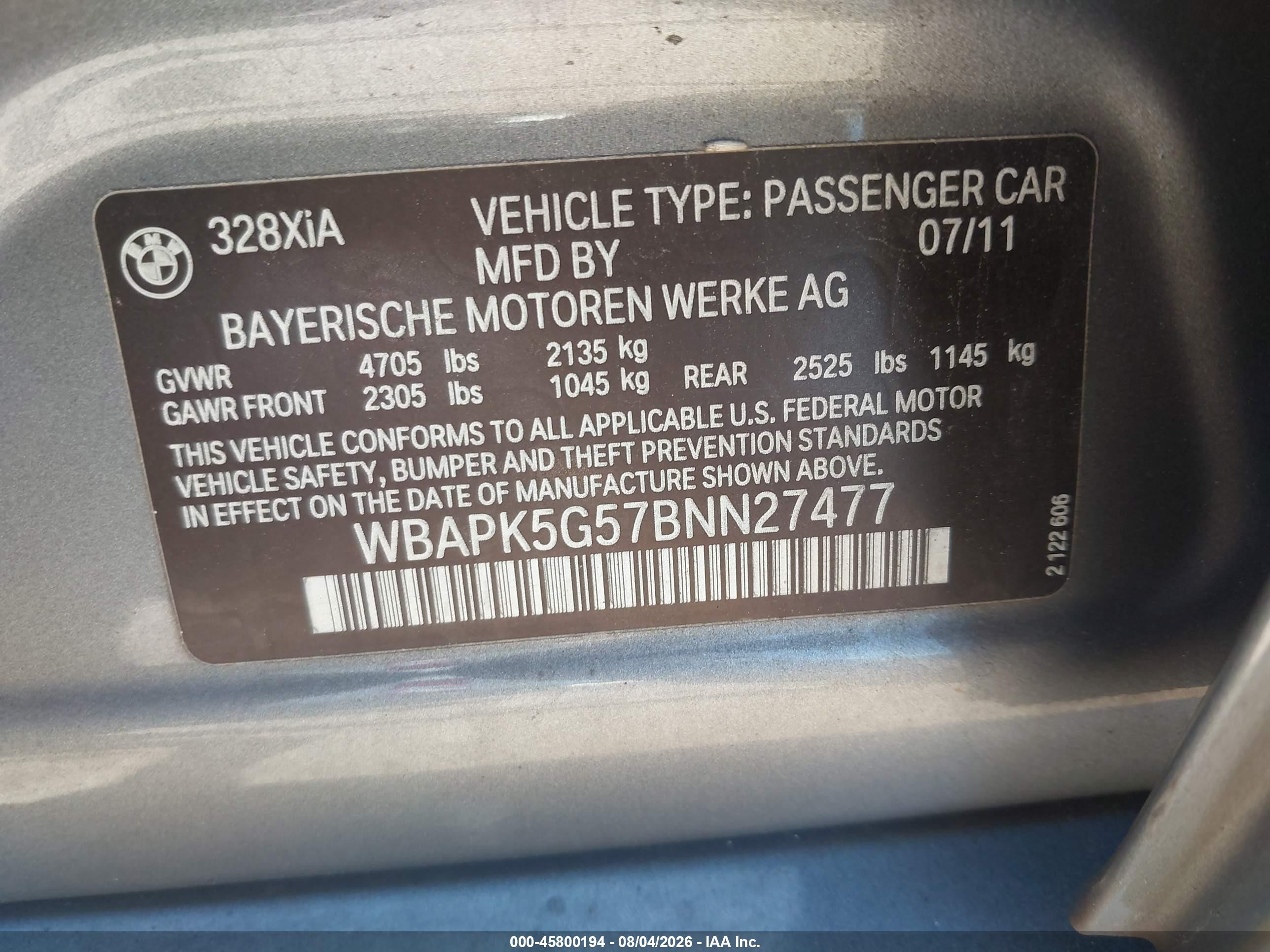 2011 Bmw 328i Xdrive Gray vin: WBAPK5G57BNN27477