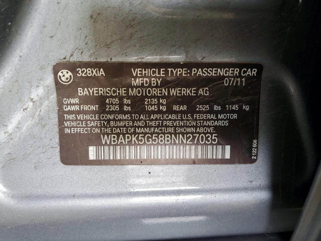 2011 Bmw 328 Xi Sulev Gray vin: WBAPK5G58BNN27035