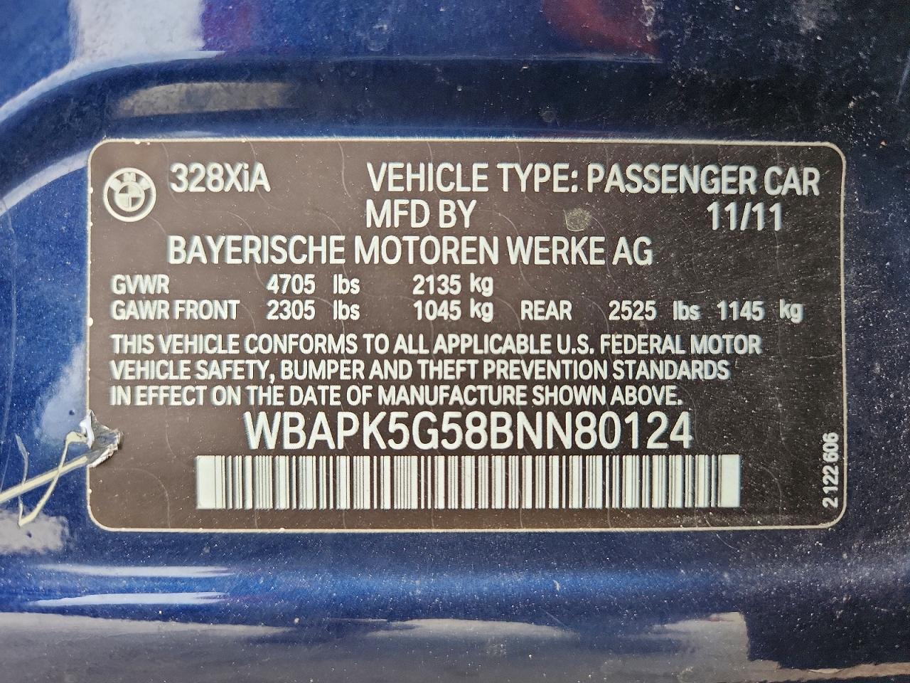 2011 Bmw 328 Xi Sulev Blue vin: WBAPK5G58BNN80124