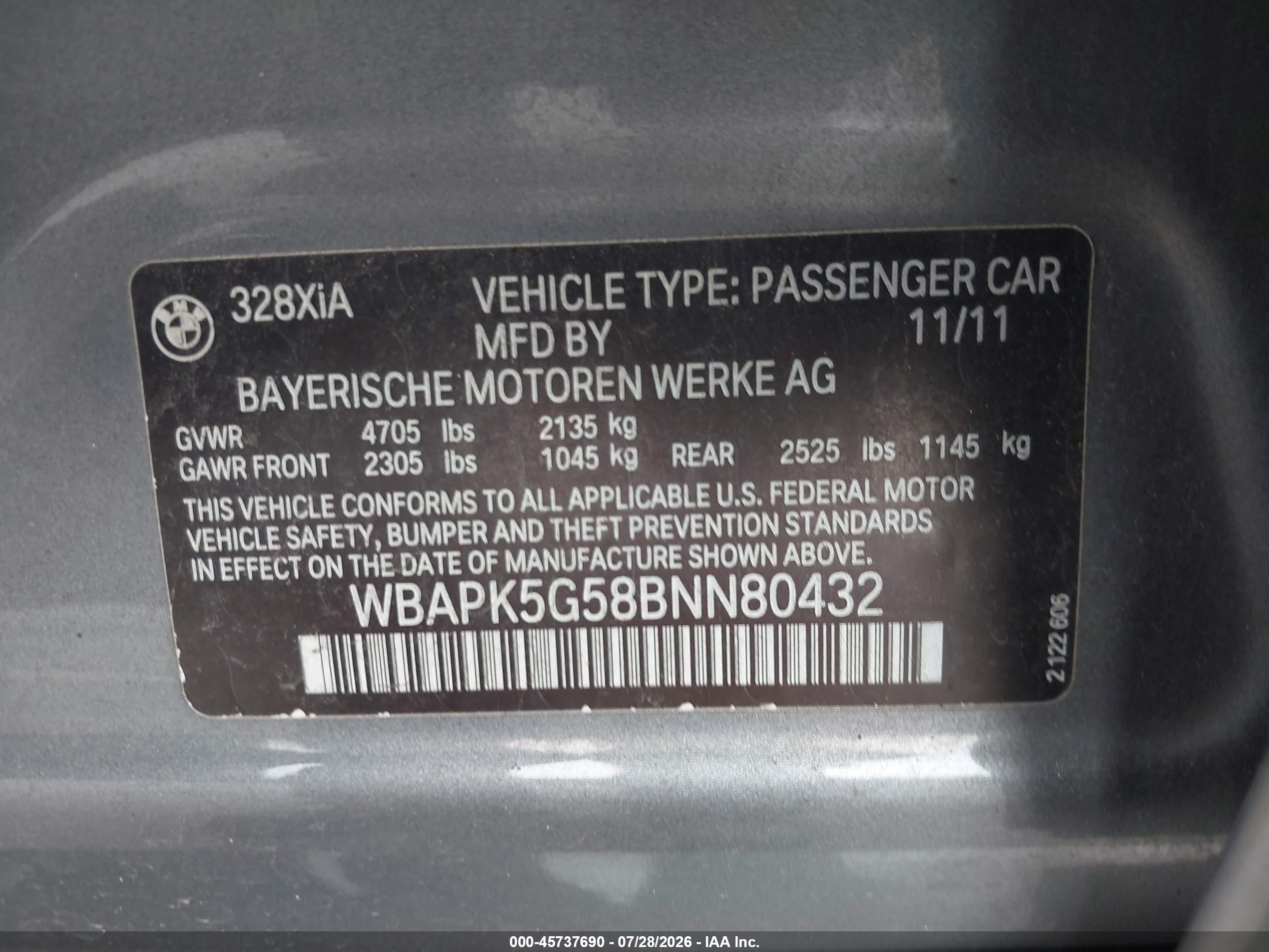 2011 Bmw 328i Xdrive Gray vin: WBAPK5G58BNN80432