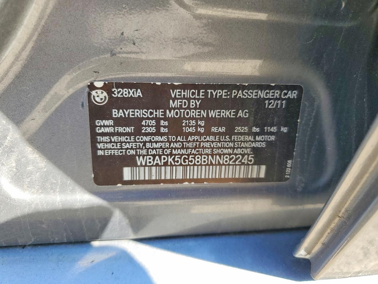 2011 Bmw 328 Xi Sulev Gray vin: WBAPK5G58BNN82245