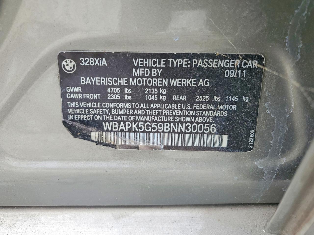 2011 Bmw 328 Xi Sulev Silver vin: WBAPK5G59BNN30056