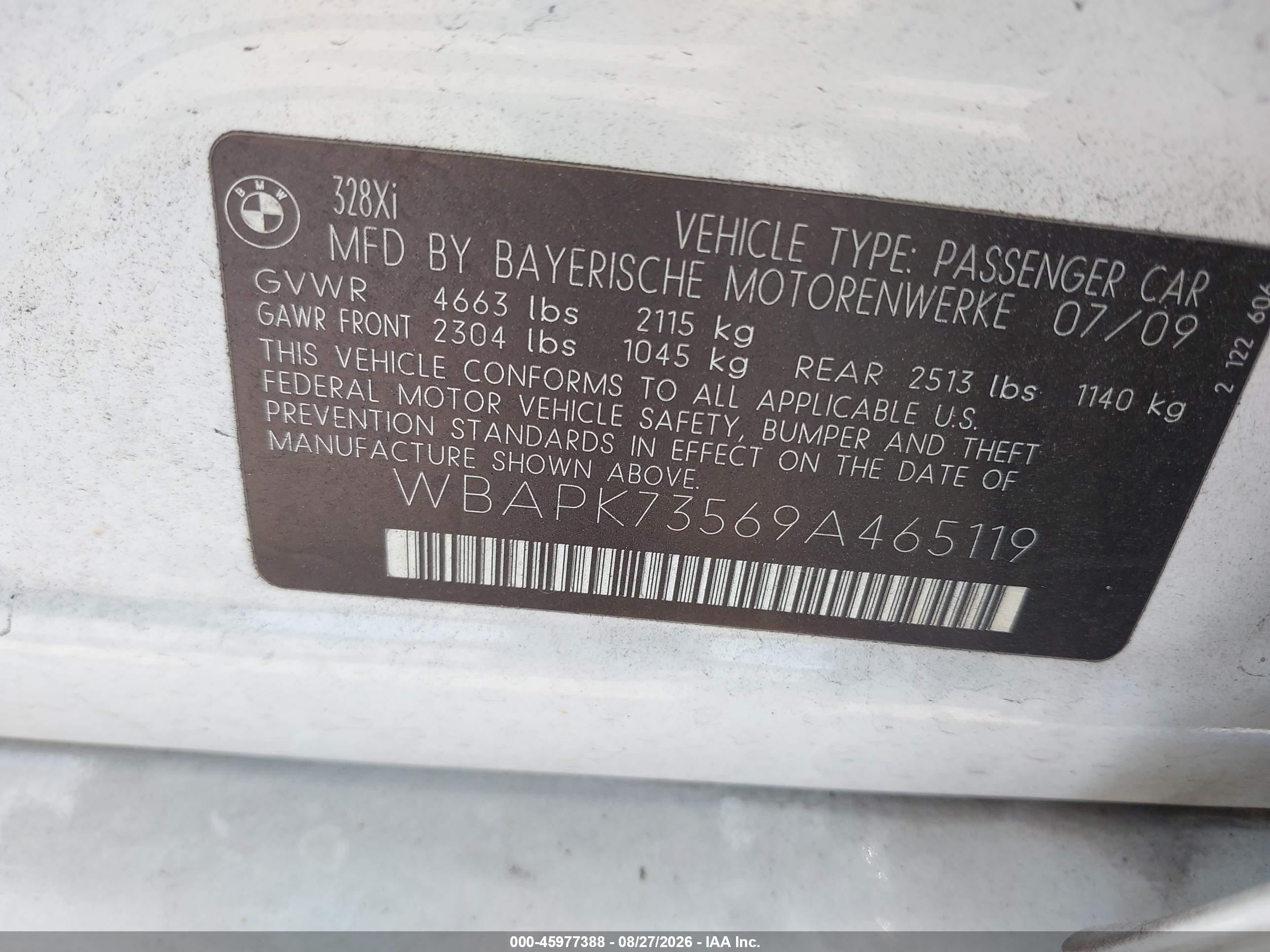 2009 Bmw 328i Xdrive White vin: WBAPK73569A465119