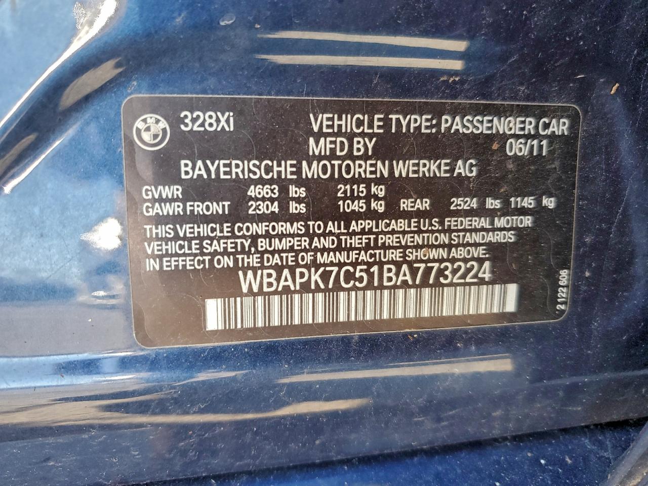 2011 Bmw 3 Series Синий vin: WBAPK7C51BA773224