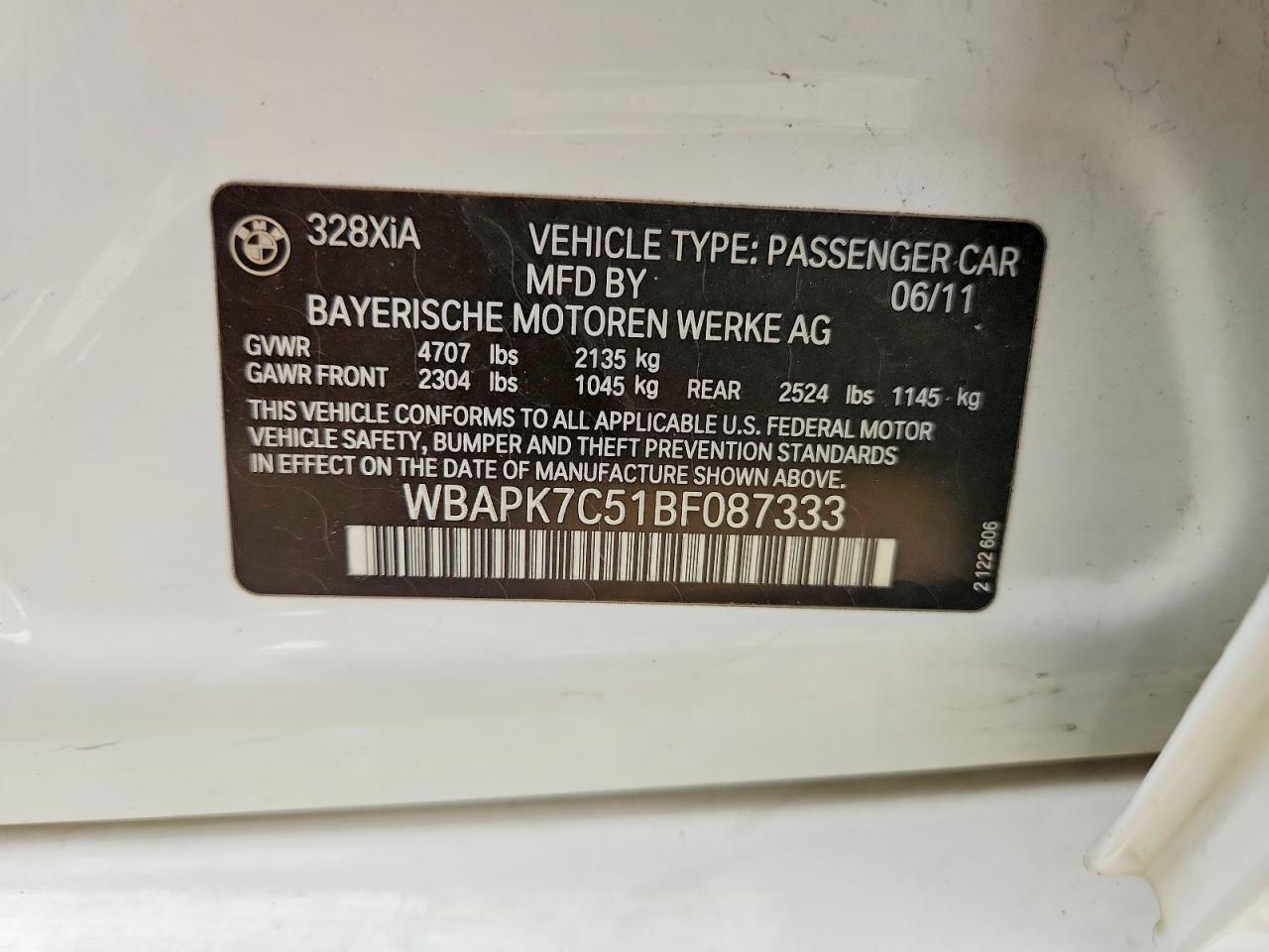 2011 Bmw 328 Xi White vin: WBAPK7C51BF087333