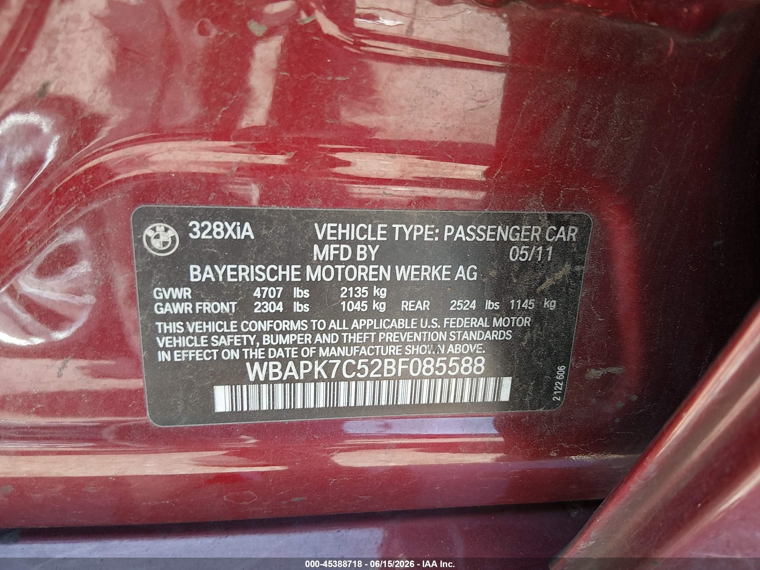 2011 Bmw 328i Xdrive Red vin: WBAPK7C52BF085588