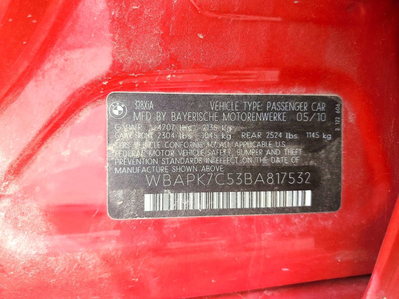 2011 Bmw 328 Xi Red vin: WBAPK7C53BA817532
