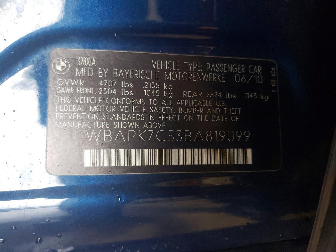 2011 Bmw 328 Xi Blue vin: WBAPK7C53BA819099
