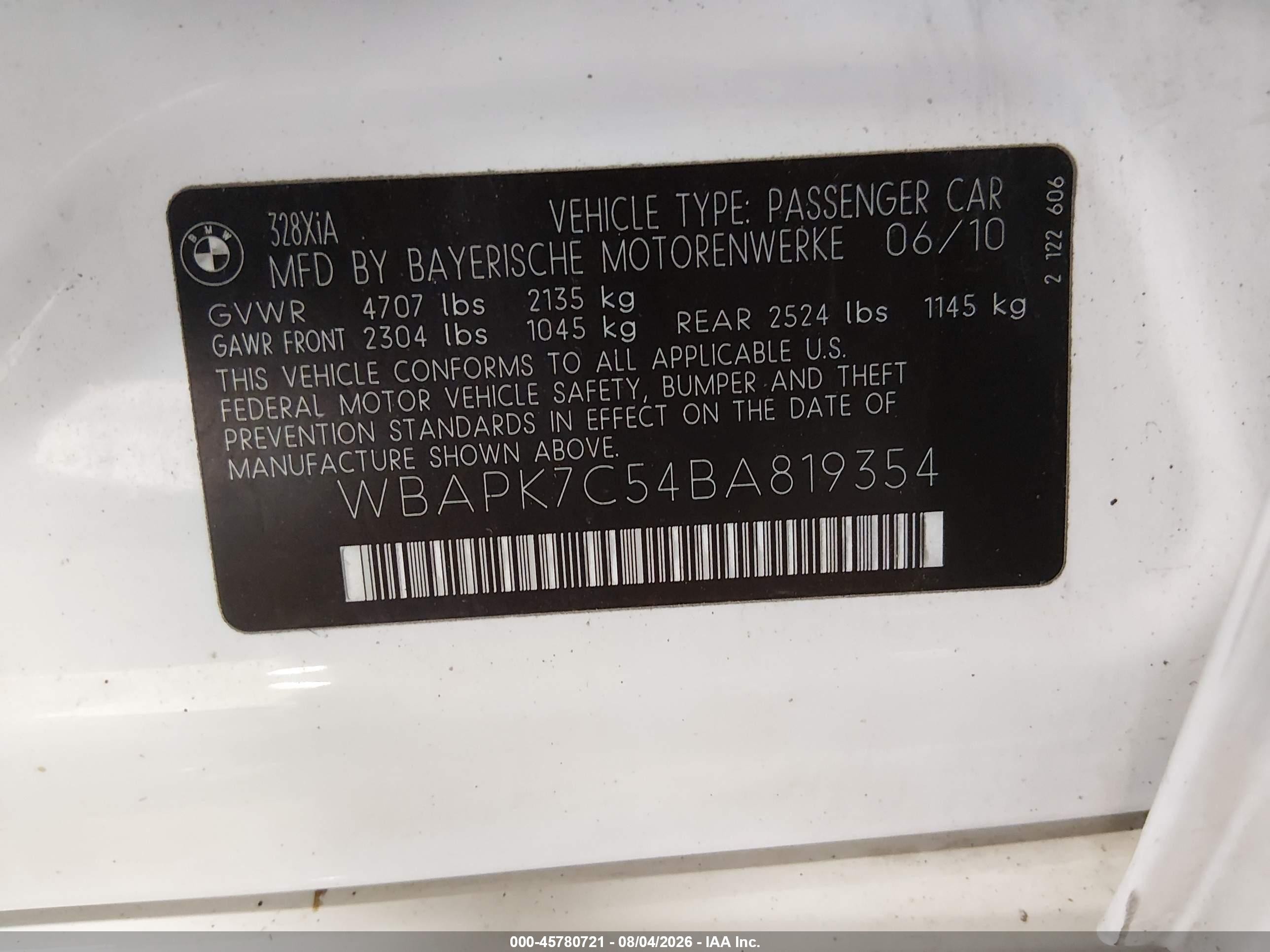 2011 Bmw 328i Xdrive White vin: WBAPK7C54BA819354