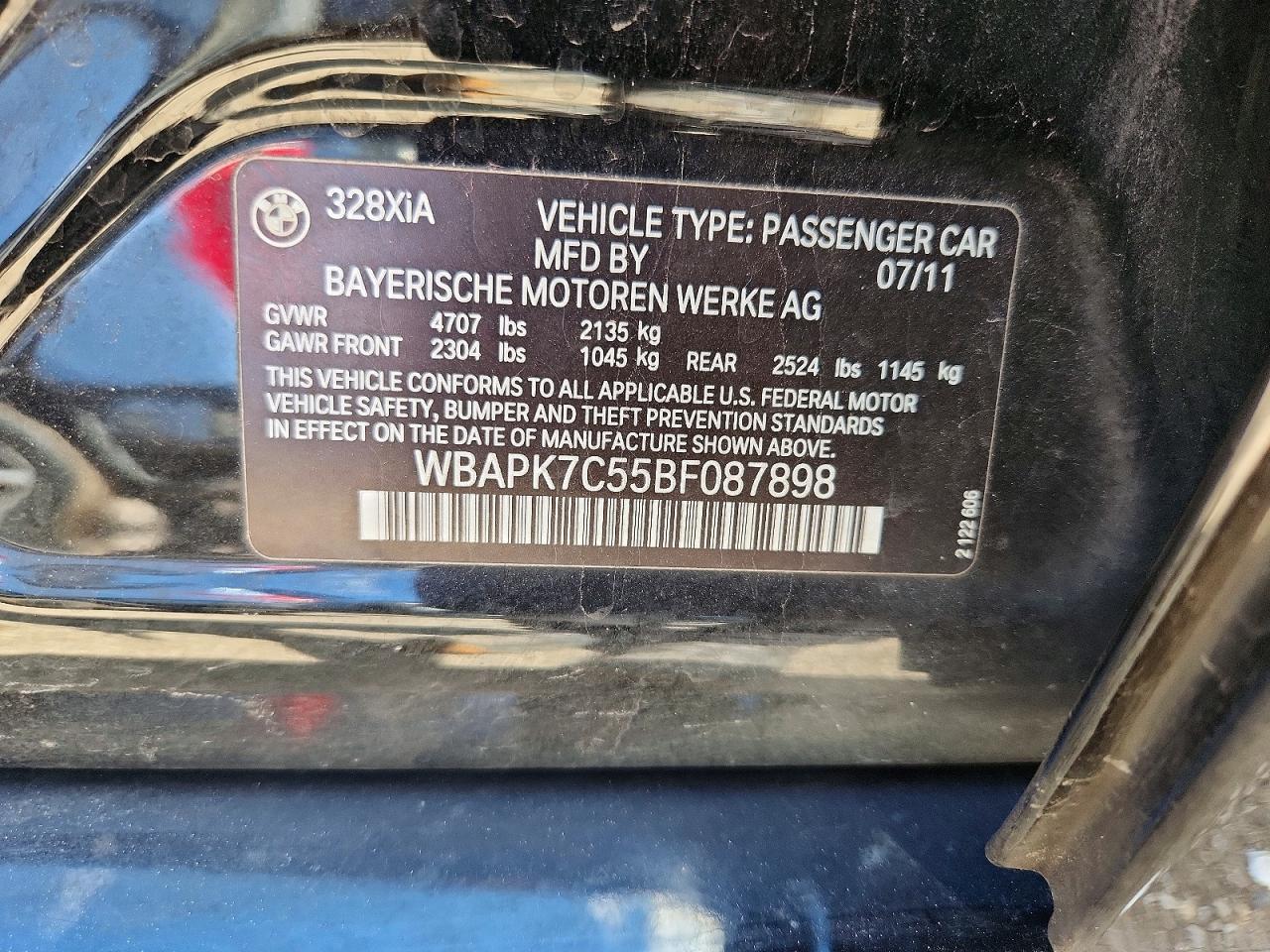 2011 Bmw 328 Xi Black vin: WBAPK7C55BF087898