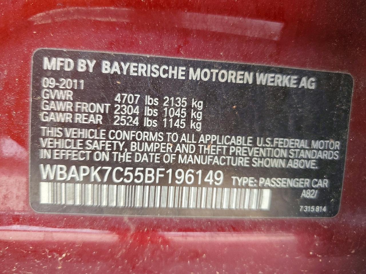 2011 Bmw 328 Xi Red vin: WBAPK7C55BF196149