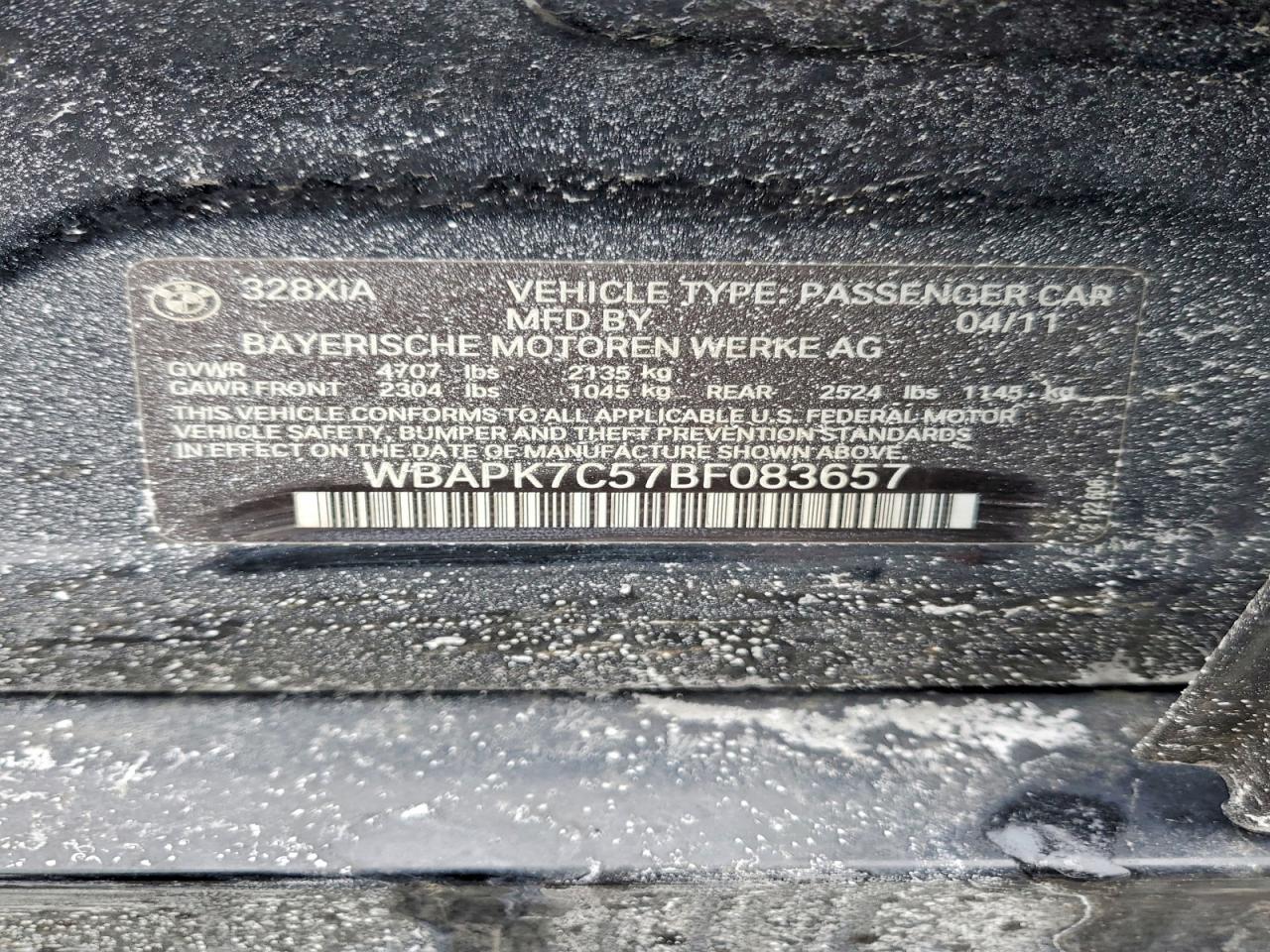 2011 Bmw 328 Xi Черный vin: WBAPK7C57BF083657