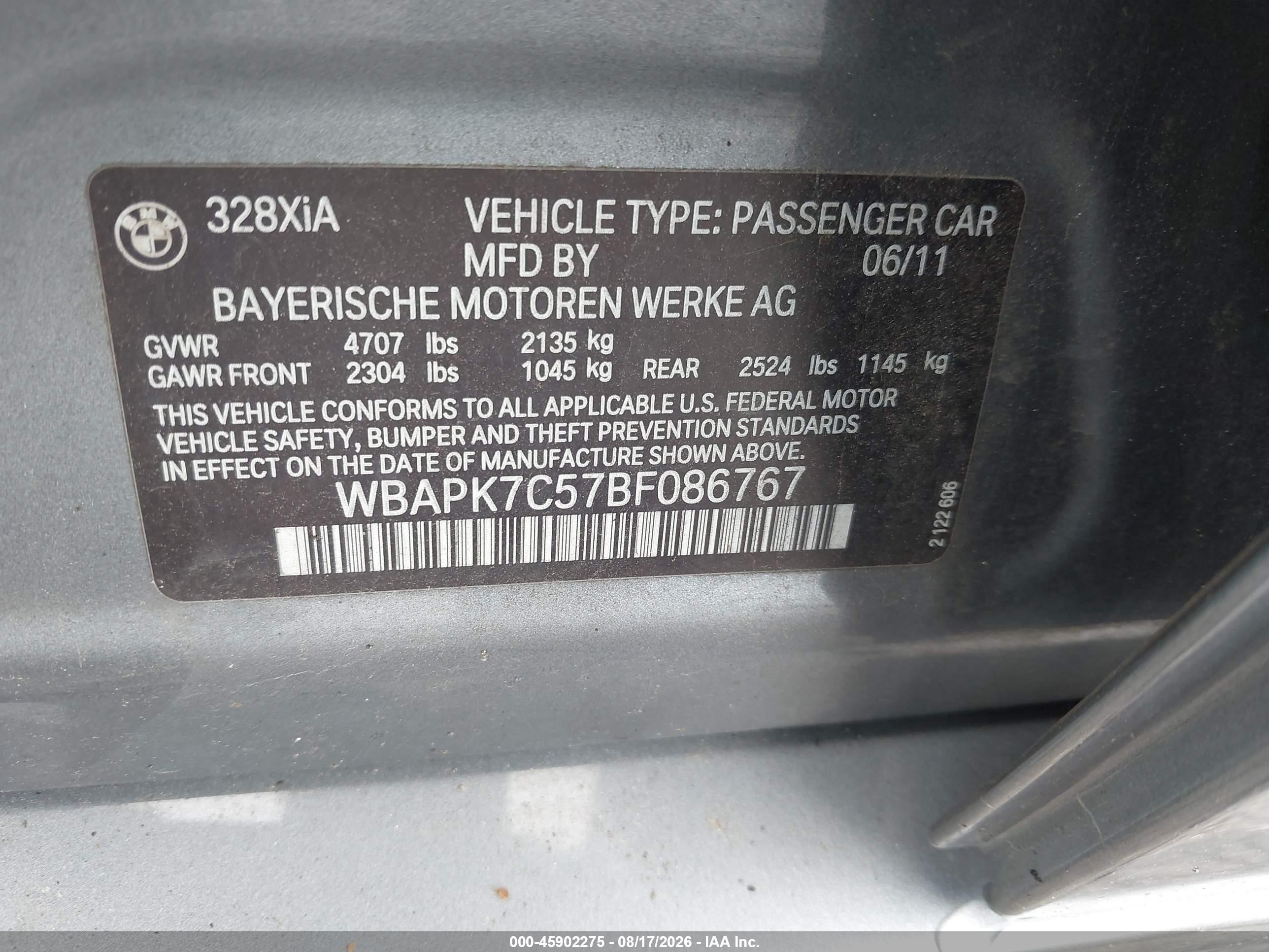 2011 Bmw 328i Xdrive Gray vin: WBAPK7C57BF086767