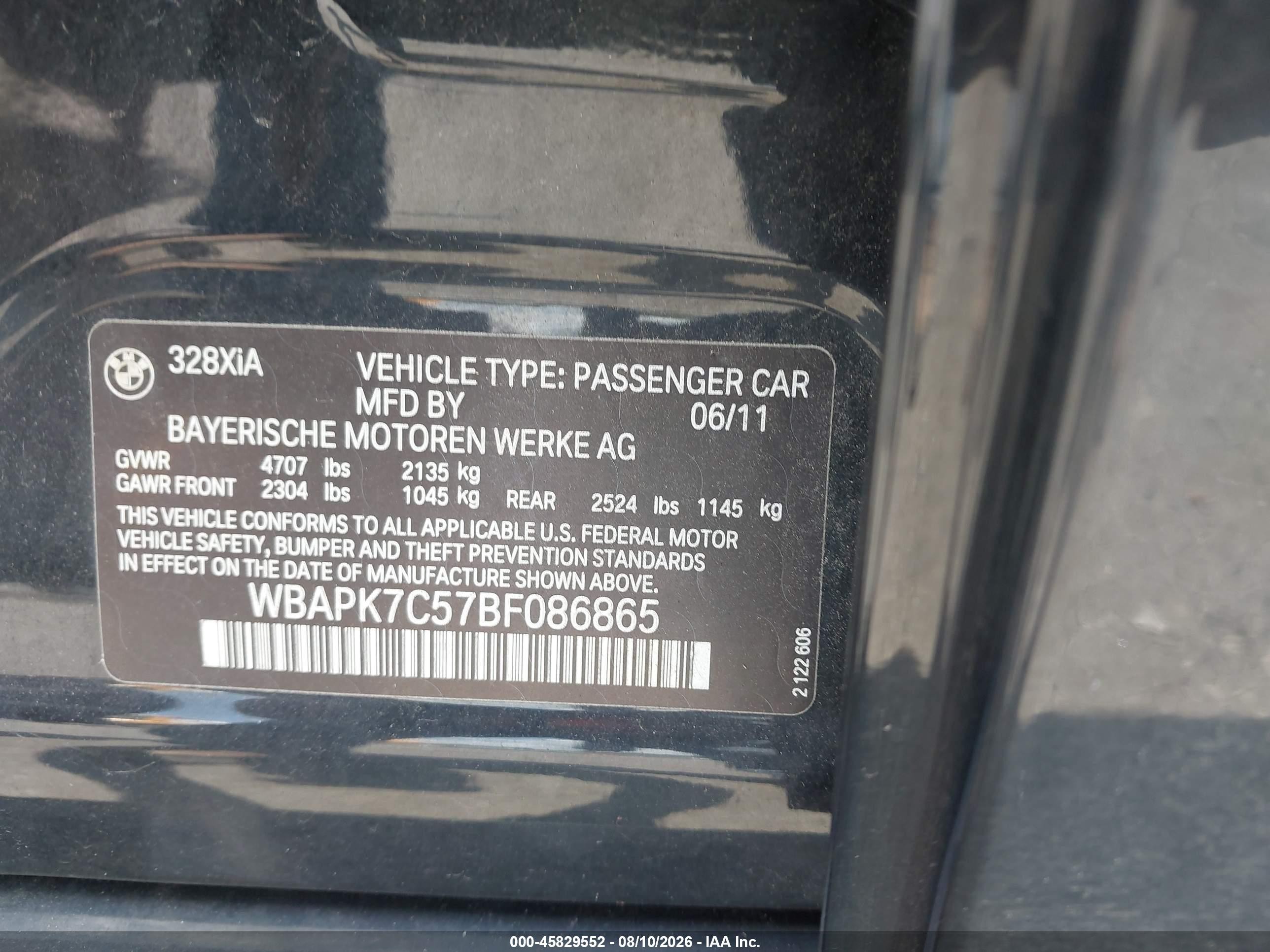 2011 Bmw 328i Xdrive Черный vin: WBAPK7C57BF086865