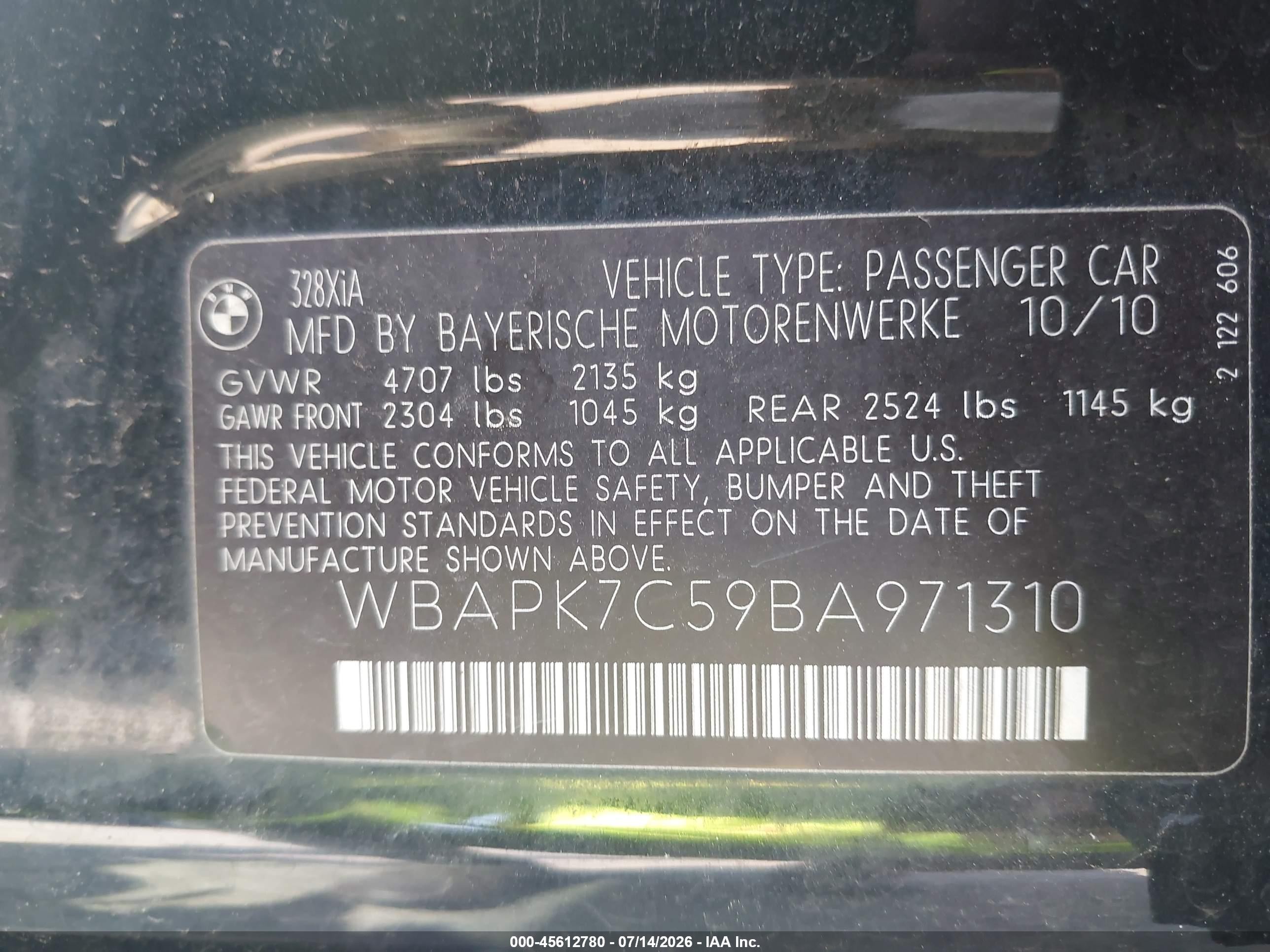 2011 Bmw 328i Xdrive Black vin: WBAPK7C59BA971310