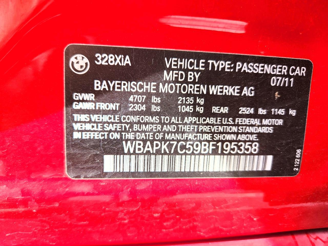 2011 Bmw 328 Xi Red vin: WBAPK7C59BF195358