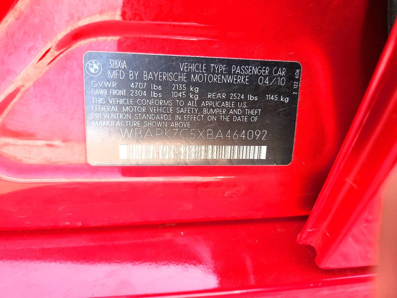 2011 Bmw 328 Xi Red vin: WBAPK7C5XBA464092