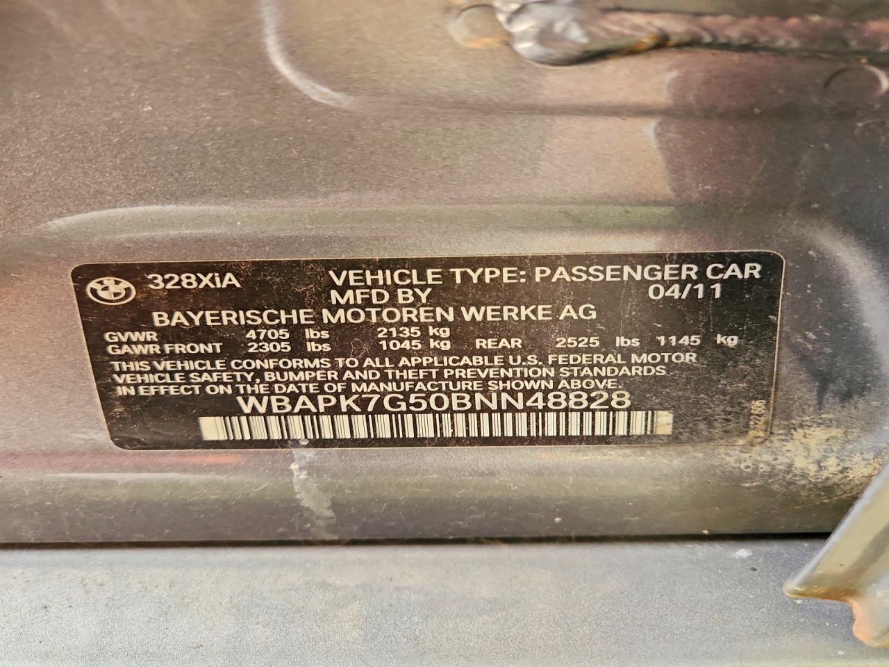 2011 Bmw 328 Xi Gray vin: WBAPK7G50BNN48828