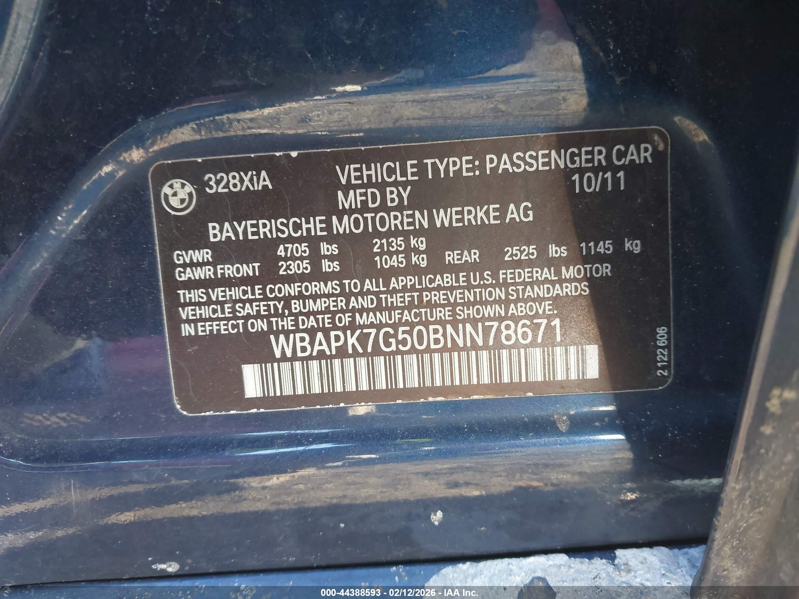 2011 Bmw 328i Xdrive Blue vin: WBAPK7G50BNN78671