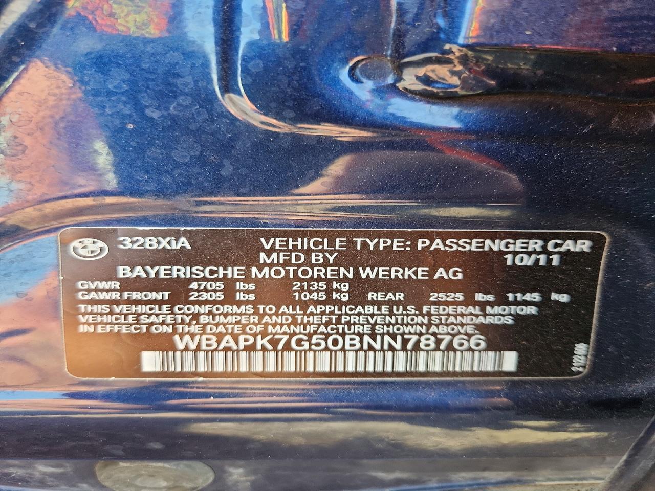 2011 Bmw 328 Xi Blue vin: WBAPK7G50BNN78766