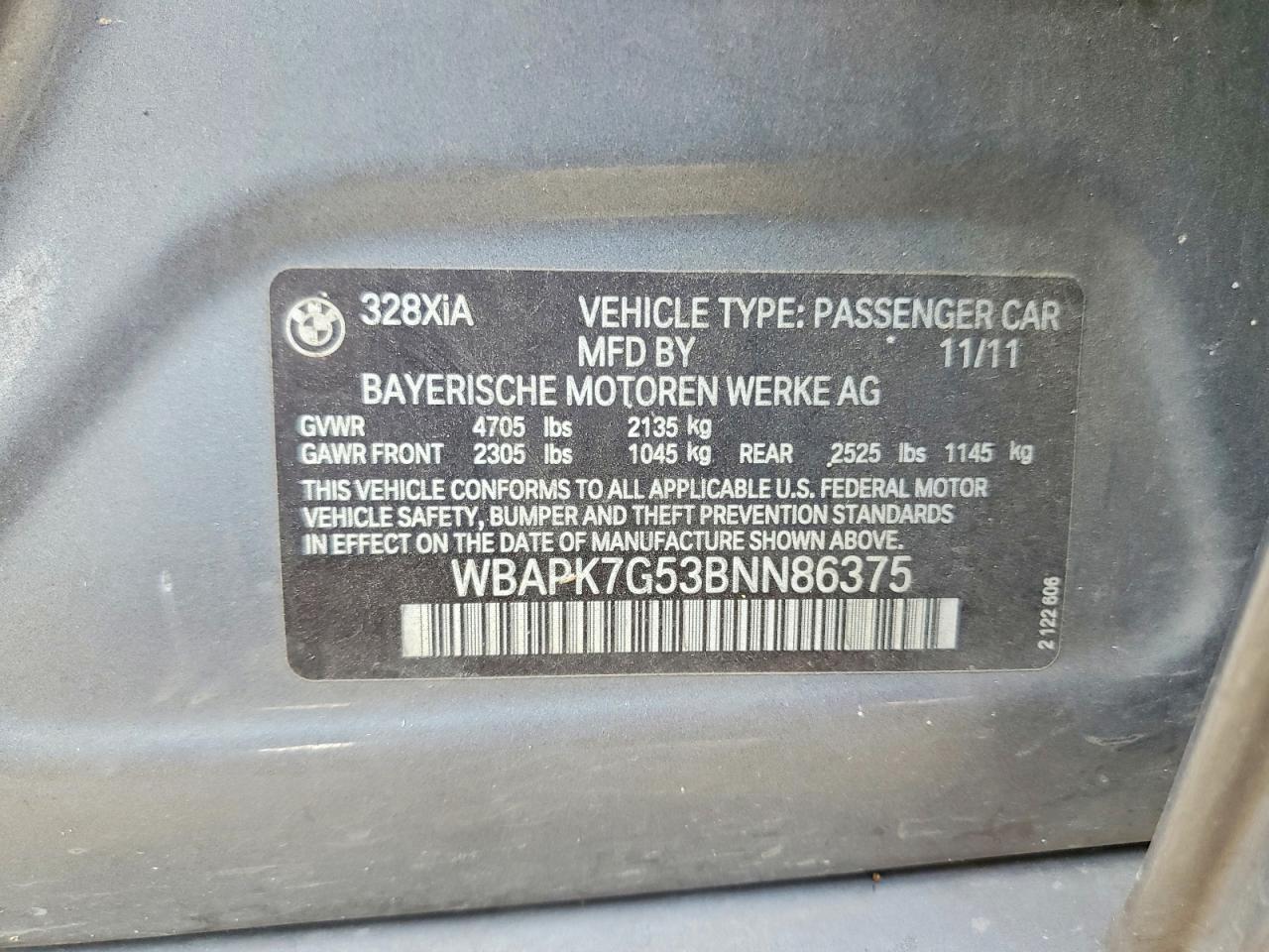 2011 Bmw 328 Xi Gray vin: WBAPK7G53BNN86375