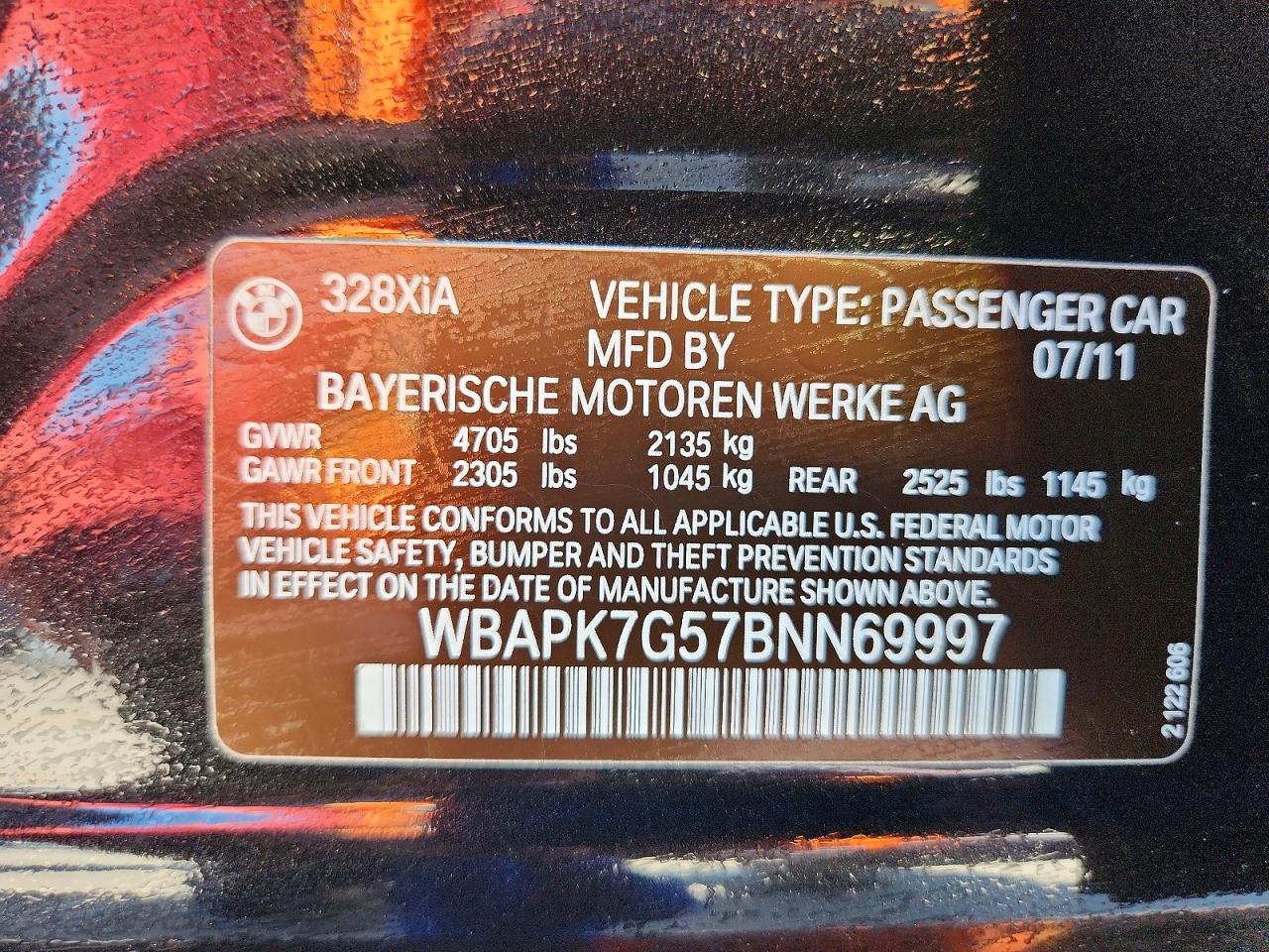 2011 Bmw 328 Xi Black vin: WBAPK7G57BNN69997