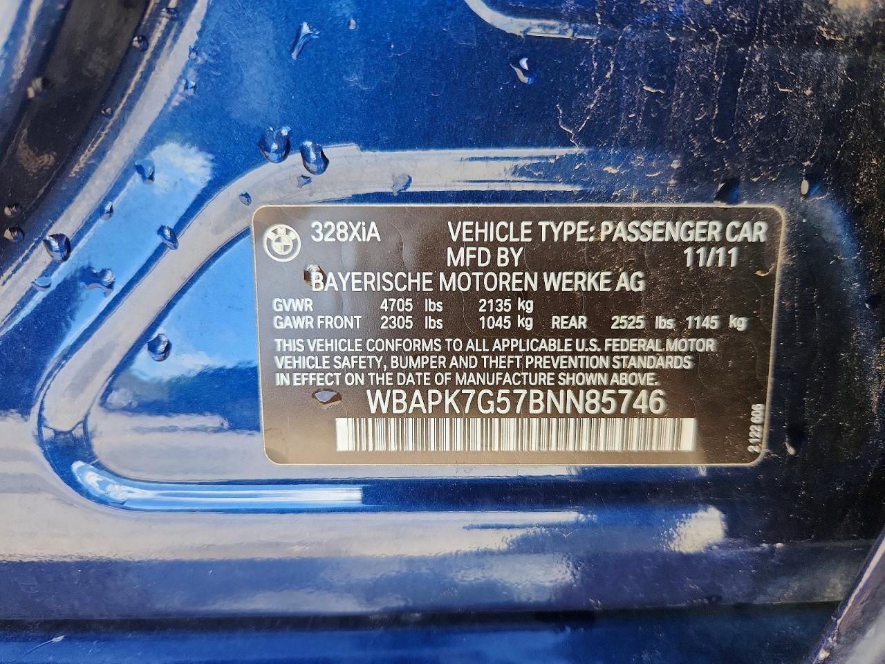 2011 Bmw 328 Xi Blue vin: WBAPK7G57BNN85746