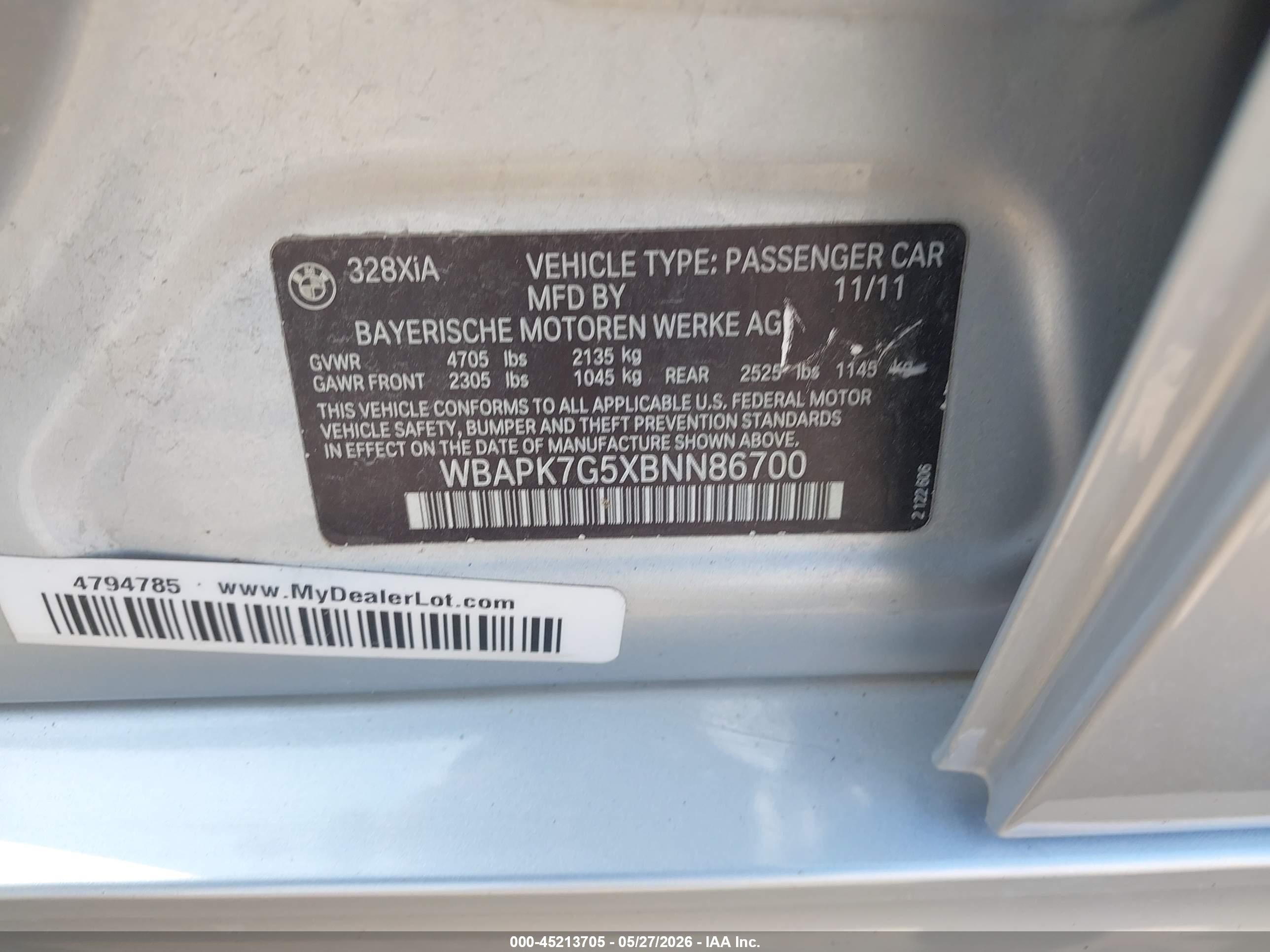 2011 Bmw 328i Xdrive Silver vin: WBAPK7G5XBNN86700