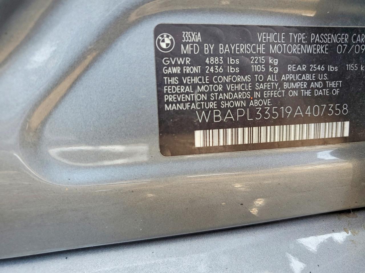2009 Bmw 335 Xi Gray vin: WBAPL33519A407358