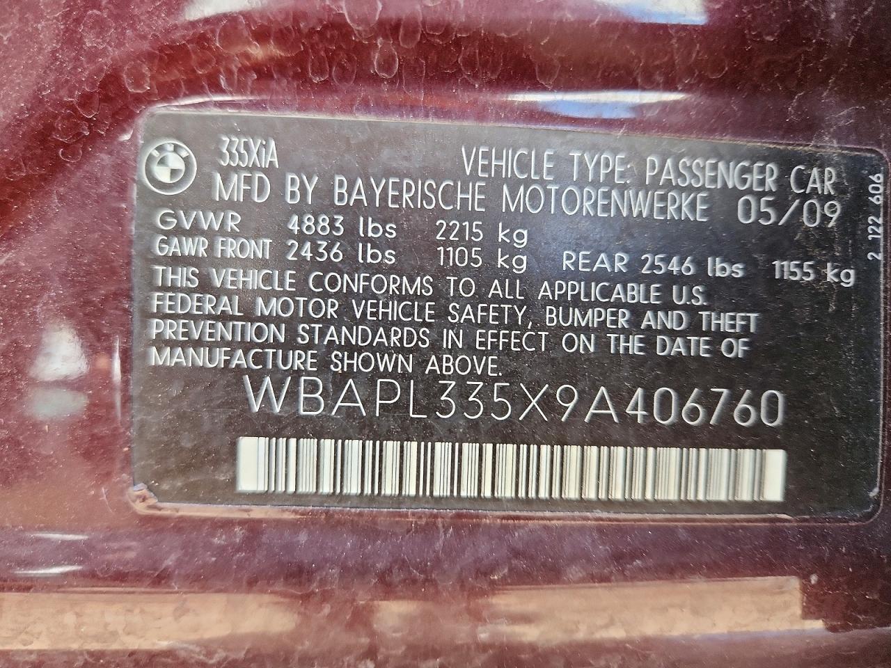 2009 Bmw 335 Xi Burgundy vin: WBAPL335X9A406760