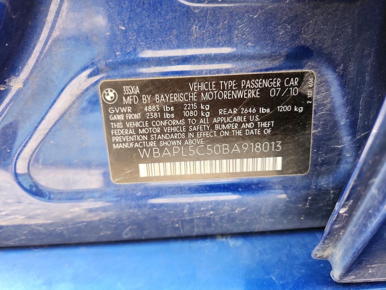2011 Bmw 335 Xi Blue vin: WBAPL5C50BA918013
