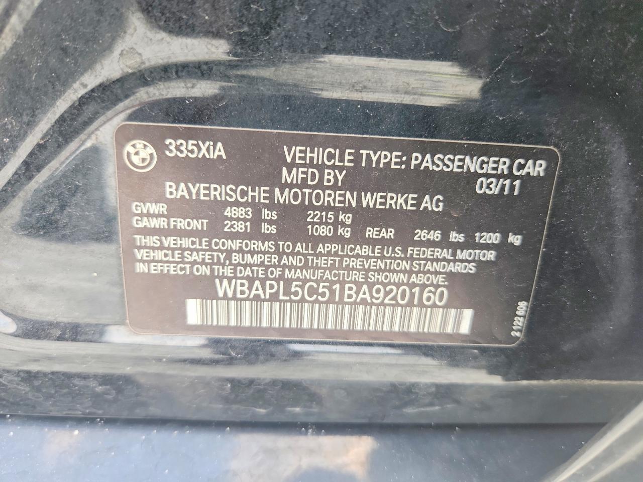 2011 Bmw 335 Xi Black vin: WBAPL5C51BA920160