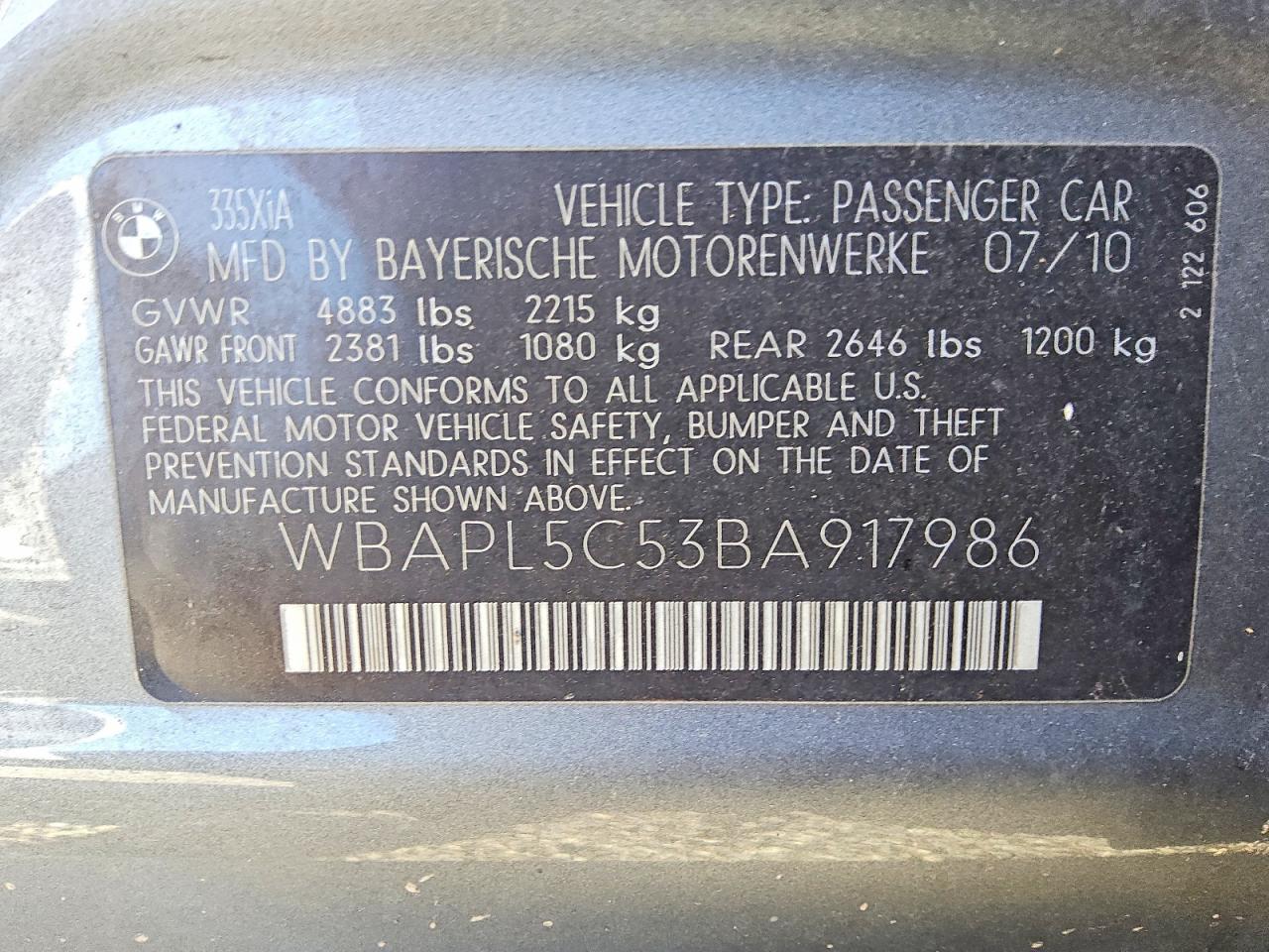 2011 Bmw 335 Xi Gray vin: WBAPL5C53BA917986