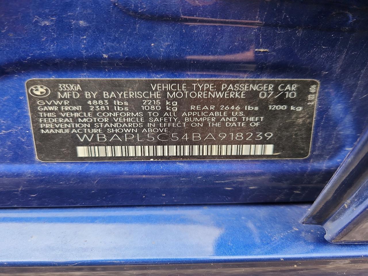 2011 Bmw 335 Xi Blue vin: WBAPL5C54BA918239