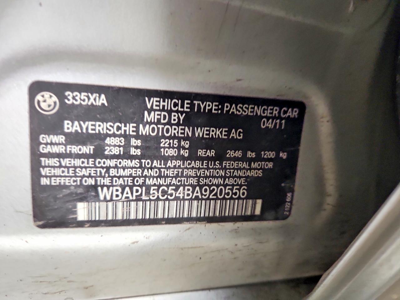 2011 Bmw 335 Xi Silver vin: WBAPL5C54BA920556