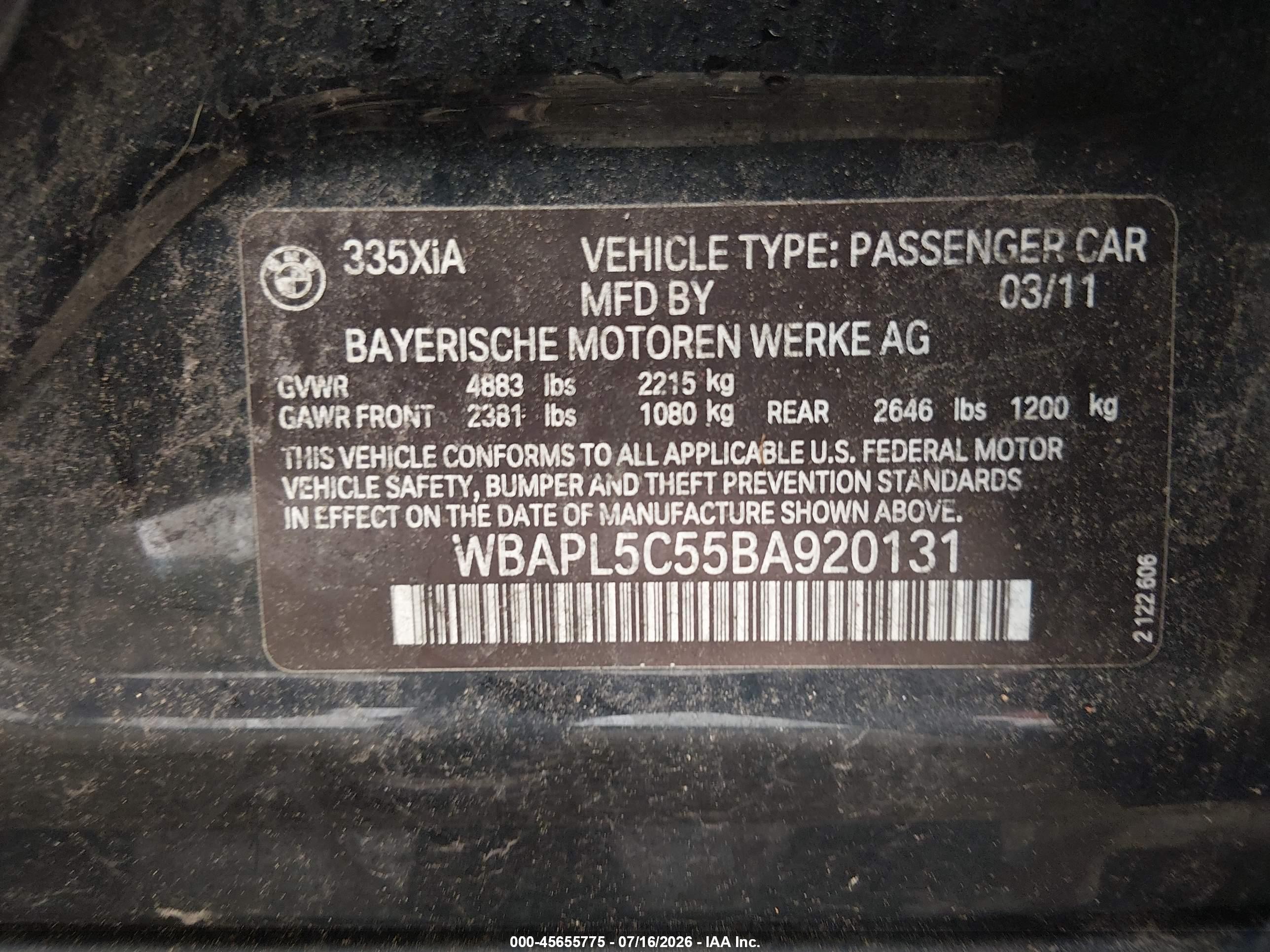 2011 Bmw 335i Xdrive Black vin: WBAPL5C55BA920131