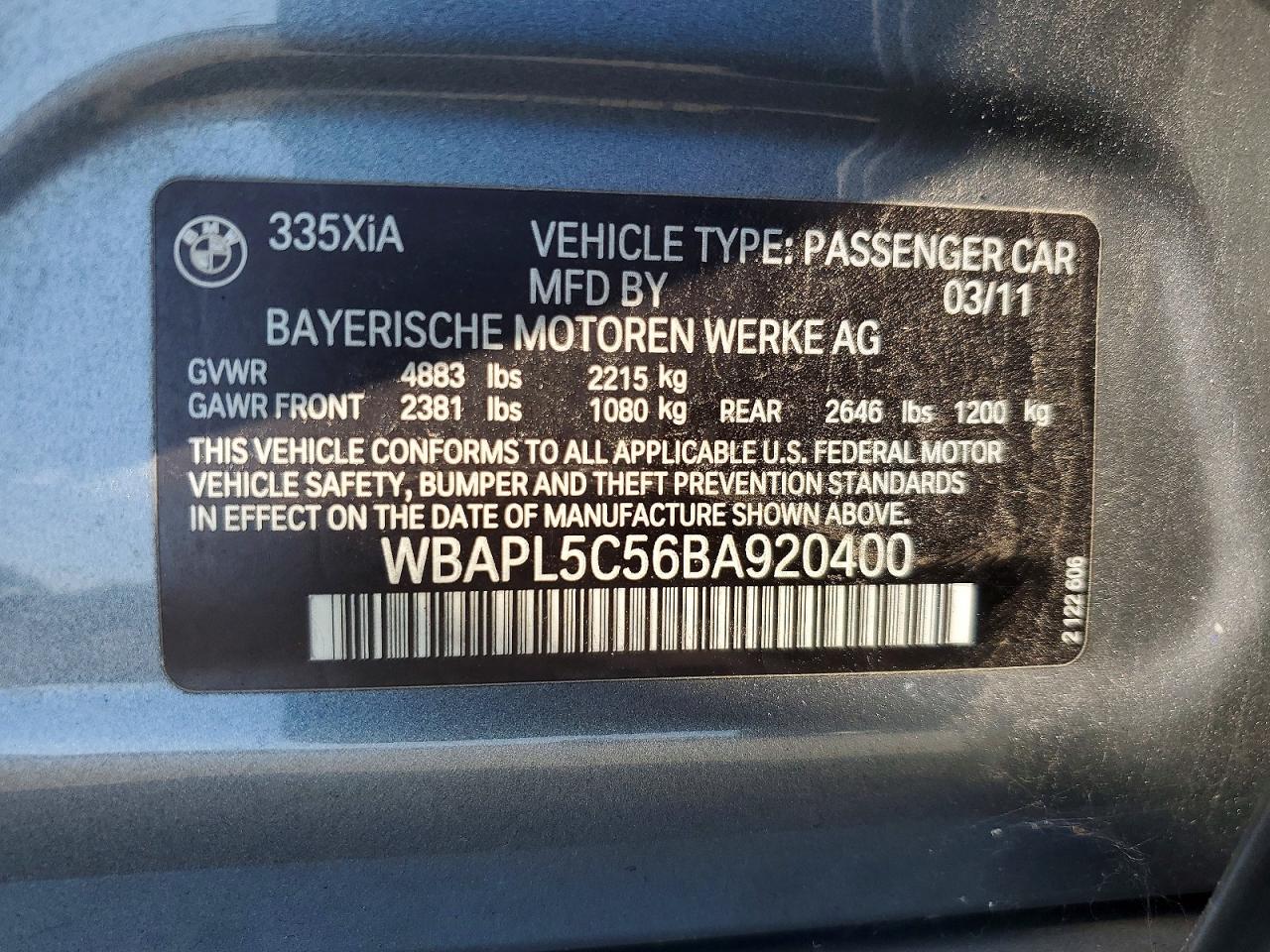 2011 Bmw 335 Xi Gray vin: WBAPL5C56BA920400
