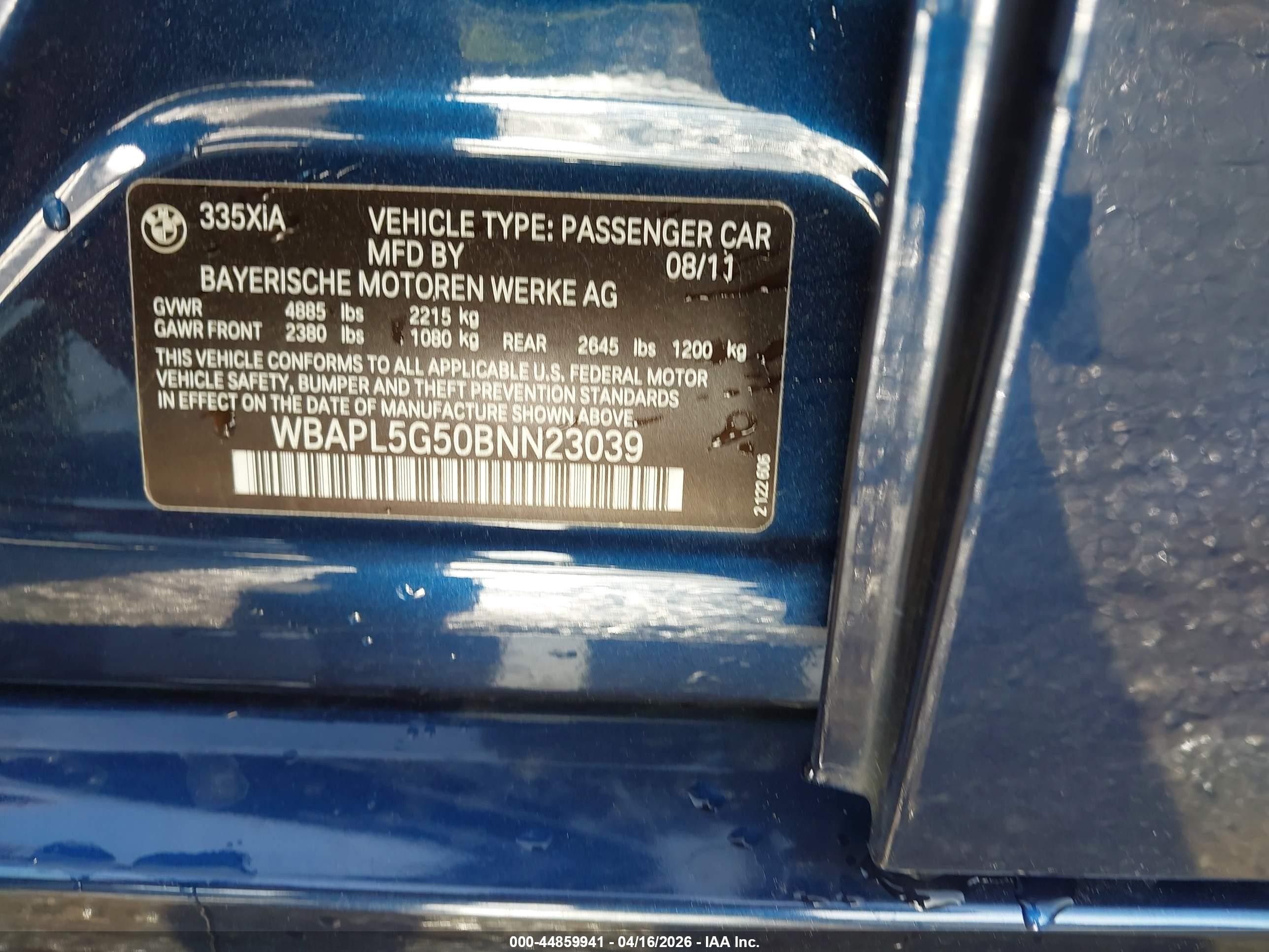 2011 Bmw 335i Xdrive Blue vin: WBAPL5G50BNN23039
