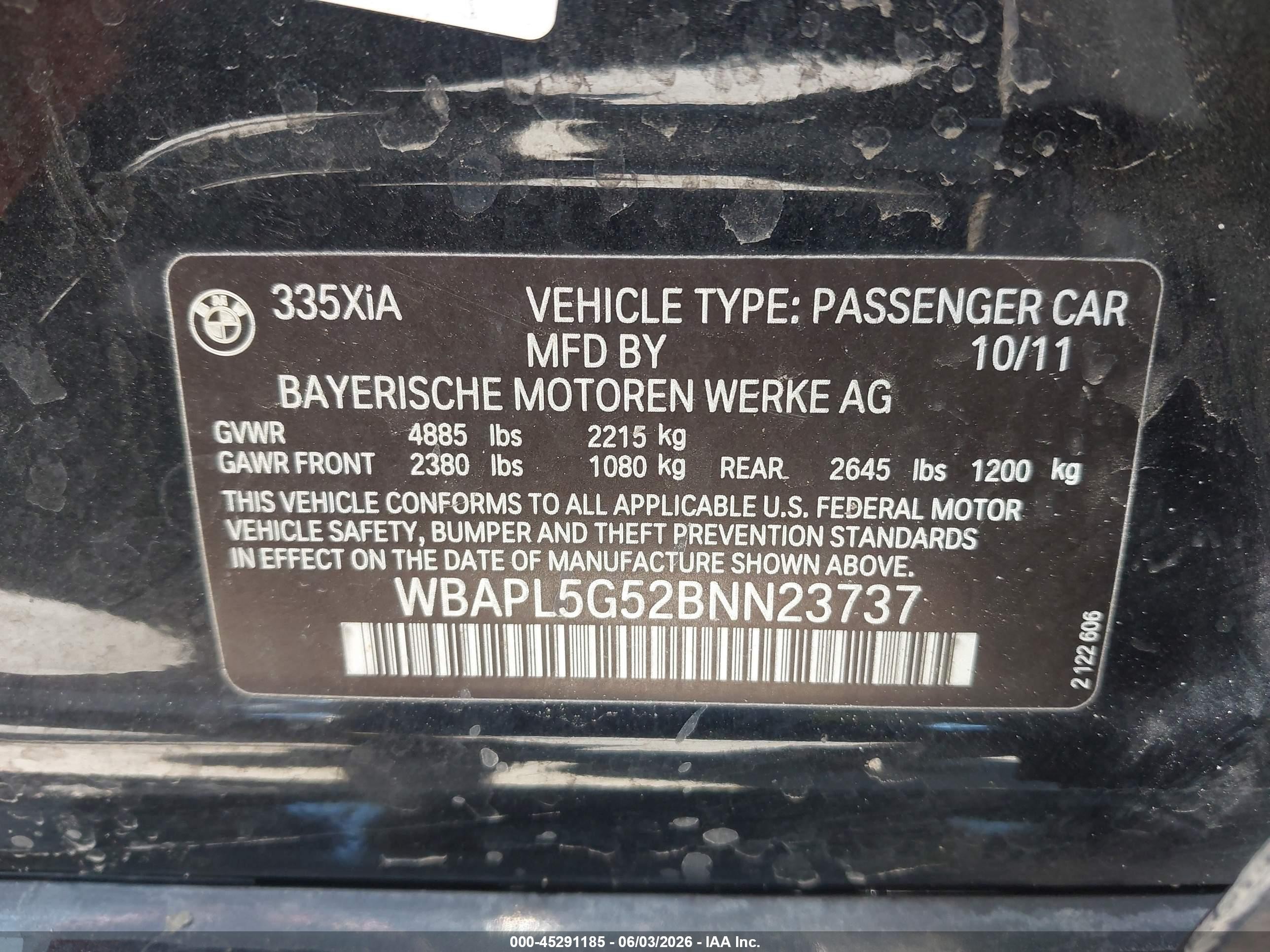 2011 Bmw 335i Xdrive Black vin: WBAPL5G52BNN23737